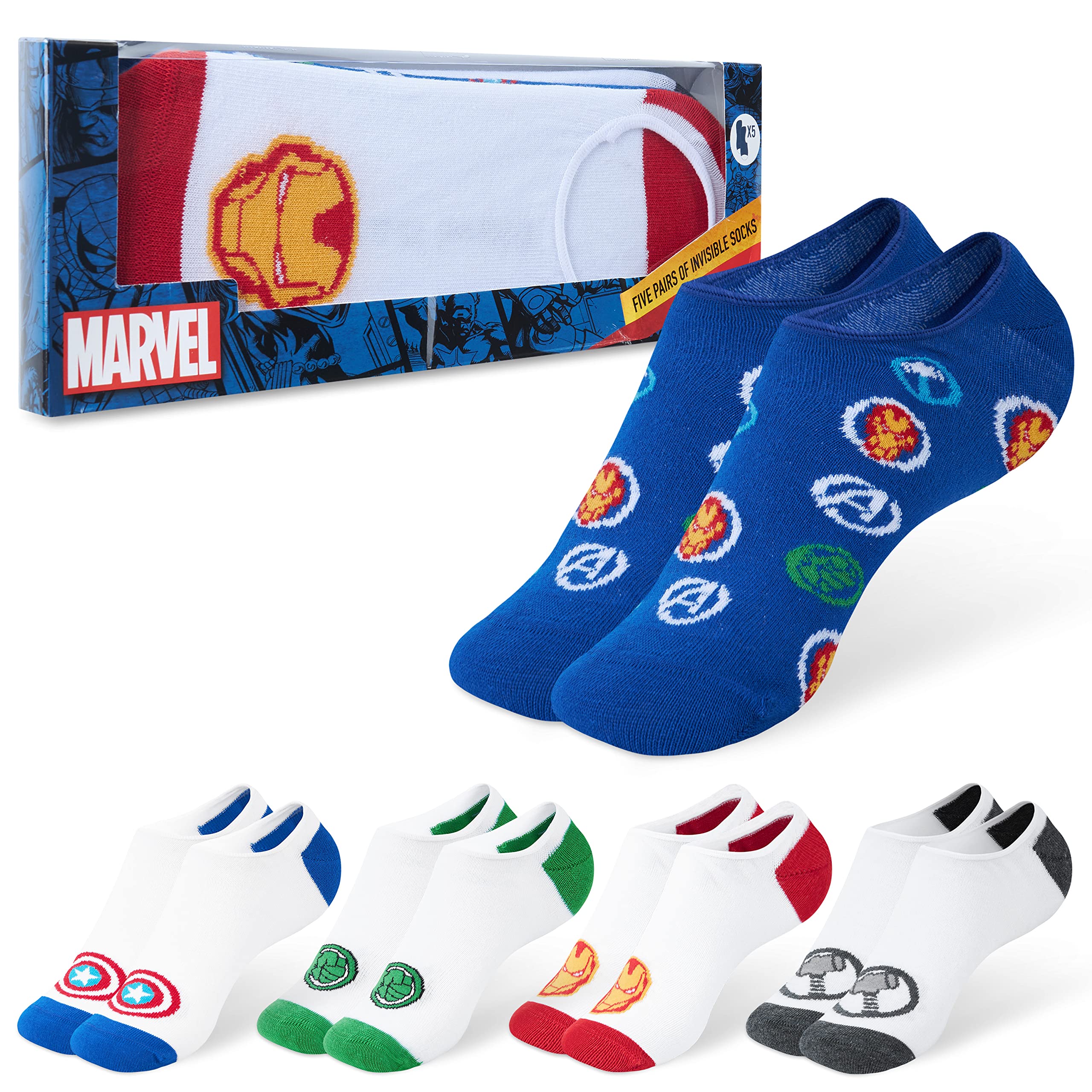 Marvel Avengers Socks for Men & Teens UK Size 6.5-10.5, Invisible Trainer Socks, Anti Slip No Show Heel Grip, Gifts for Him (White/Multi)
