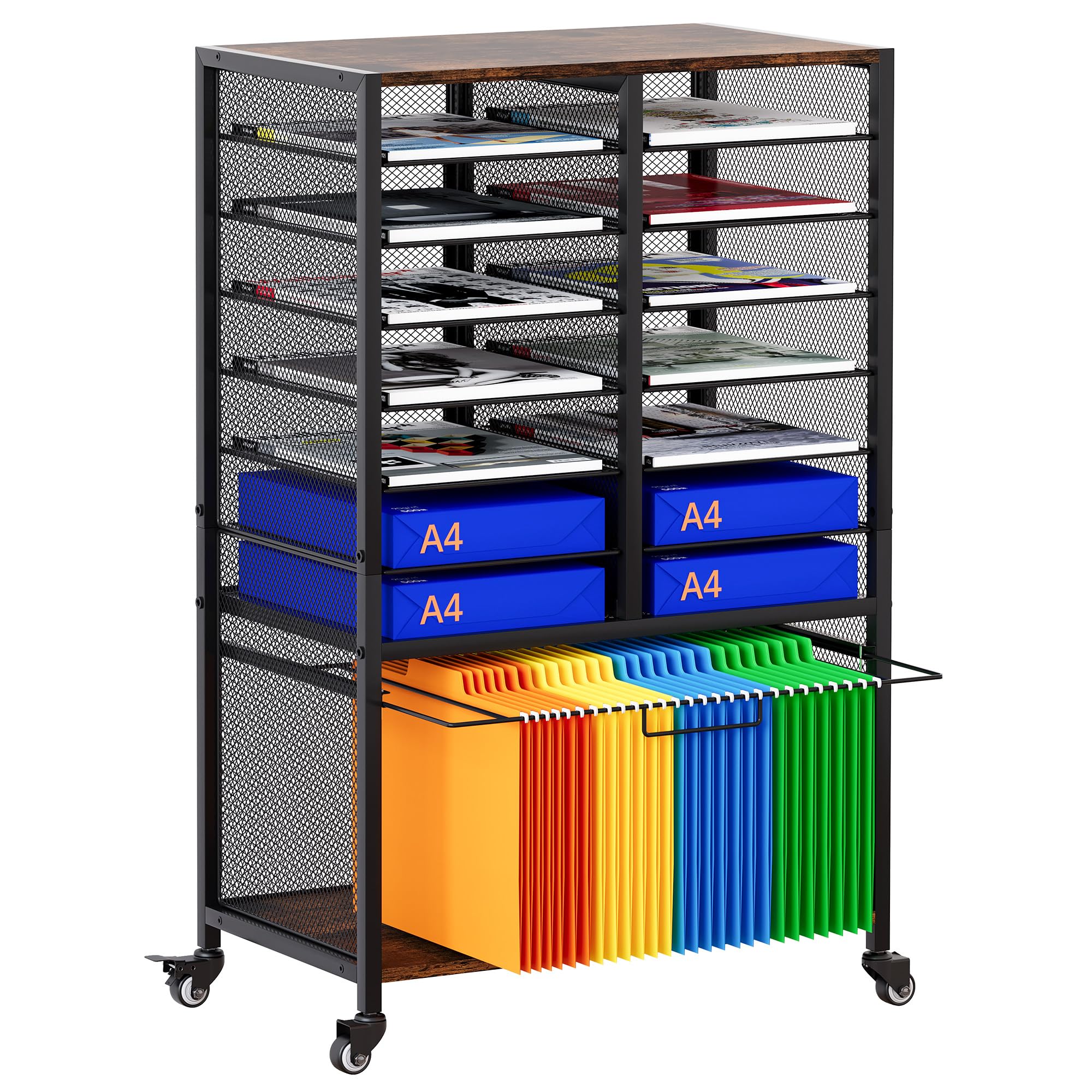 EasyPAG Rolling File Cart with 14 Slot Mail Organizer, Under Desk Storage with Hanging File Rack for Letter/Legal Folders, Mobile Filing Cabinet