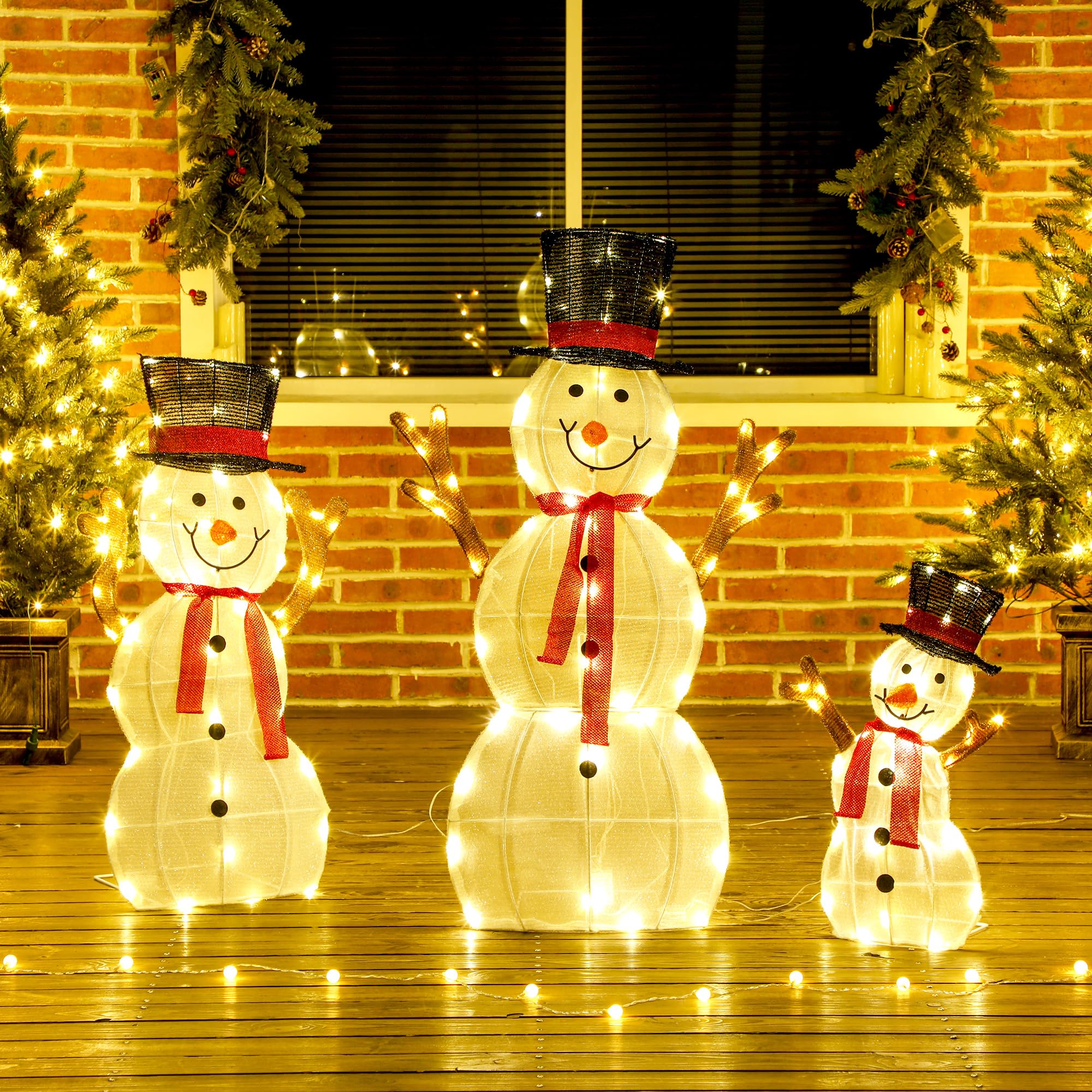 Outsunny 3-teilige Weihnachtsdeko Schneemann-Familie 91,5 cm mit LED | Weihnachtsfigur, Weihnachtsdekoration mit Stahlrahmen, Spannbändern, Weihnachtsbeleuchtung für Indoor & Outdoor, IP44