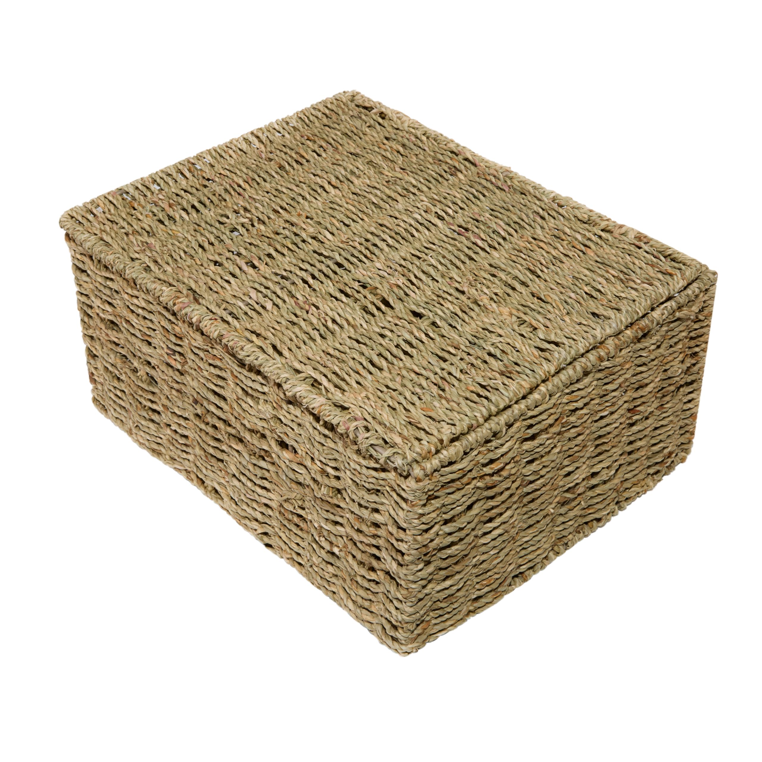 Seagrass Woven Storage Basket With Lid Gift Hamper Christmas Eve Box Bathroom Storage(Large)
