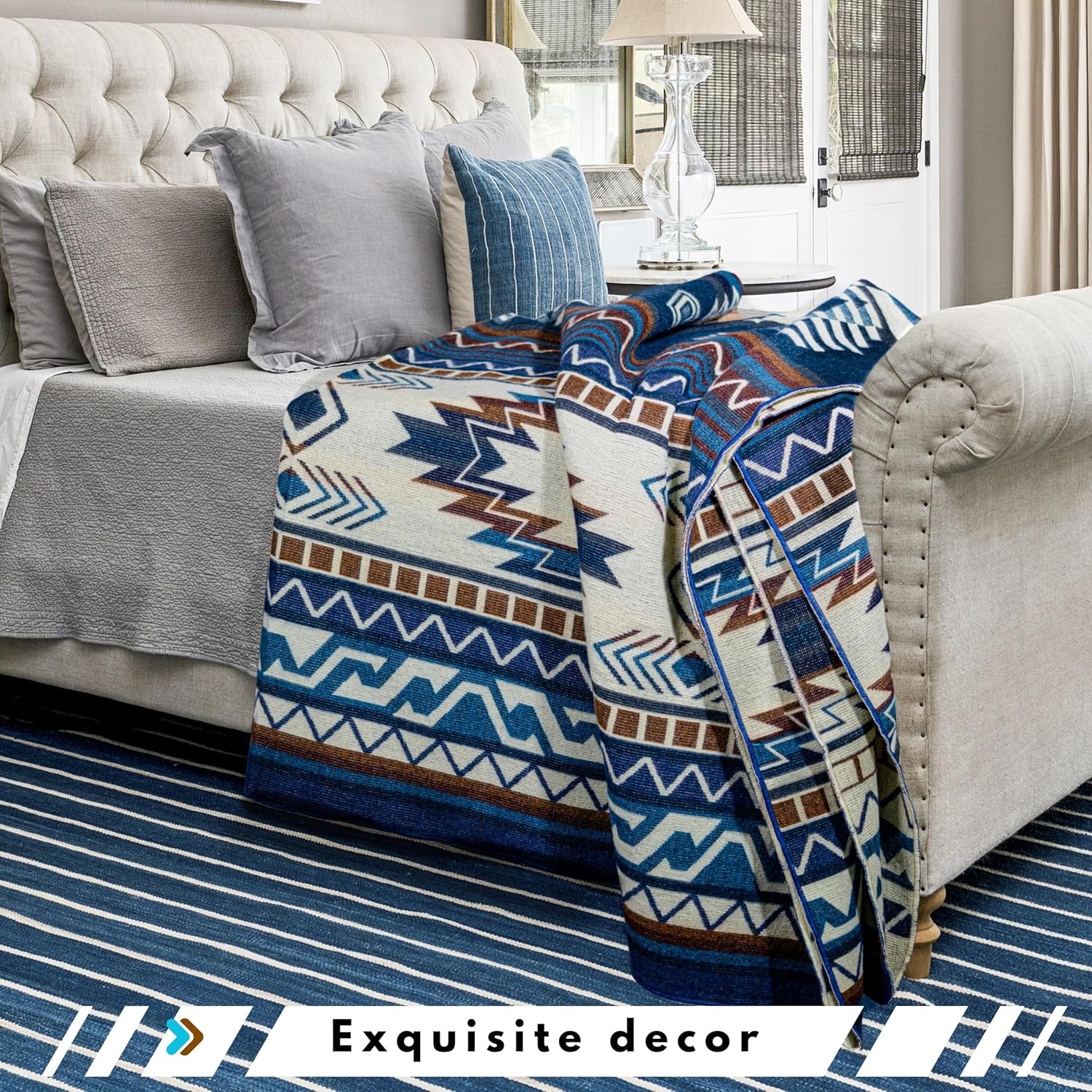 Alpaca Wool Throw Blanket, Native Design Wool Blanket, Throw Aztec Pattern Alpaca Wool Throw Blanket (Blue, Throw 78"x48")