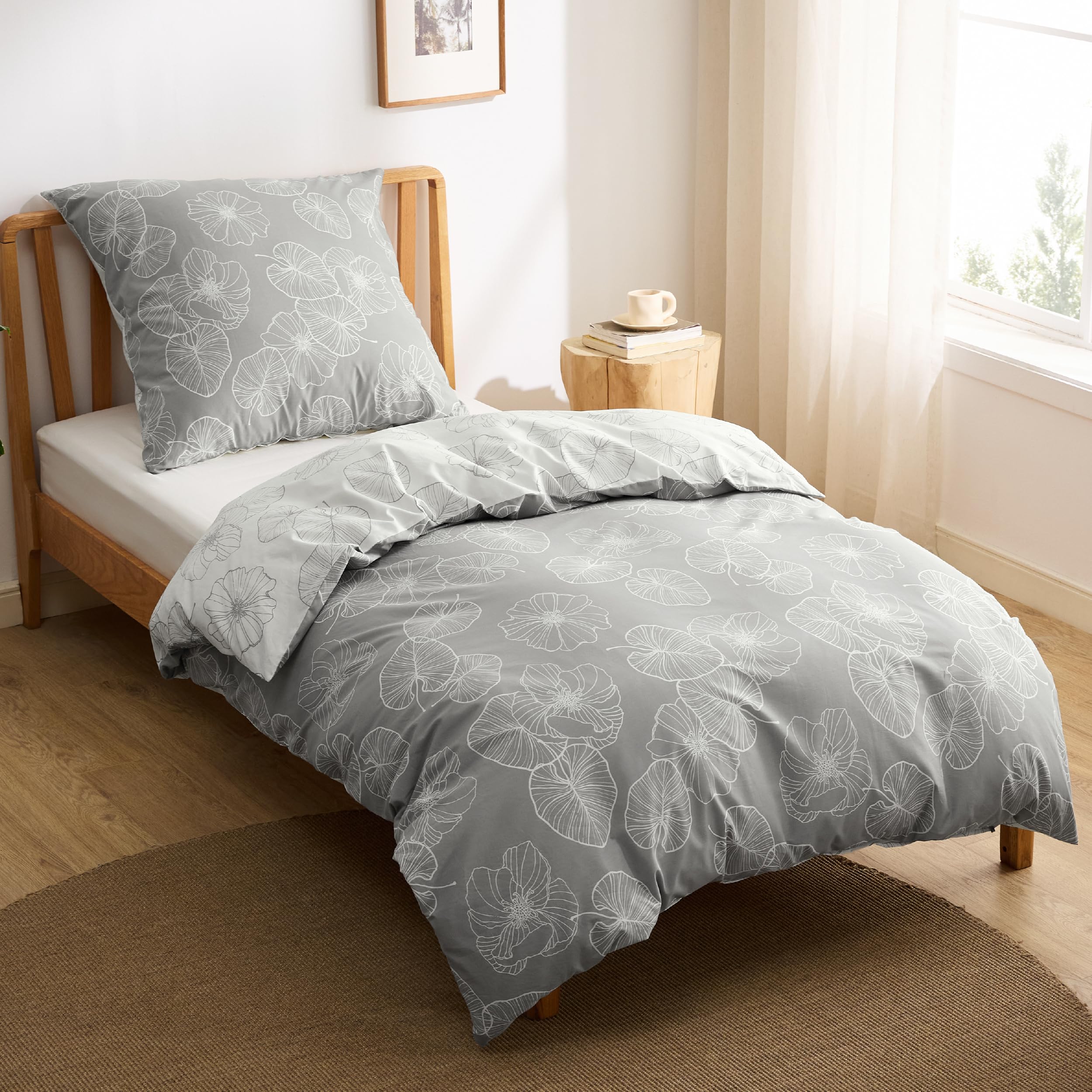 BEDSURE Bettwäsche 135x200 Baumwolle Bettbezug - Bettwäsche-Sets 135 x 200 cm 2teilig Grau mit Kissenbezug 80x80 cm, ÖKO-TEX Wendebettwäsche Bedding mit Reißverschluss Ginkgo Muster