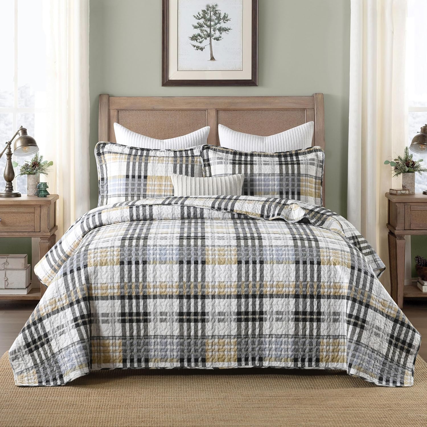 AJOCCI Quilts Queen Size, Cotton Queen Size Comforter Set, Brown Black Grey White Striped Bedding Sets, Plaid Queen Bedspread,Striped Bed Set Lightweight Reversible All Season 3 Piece