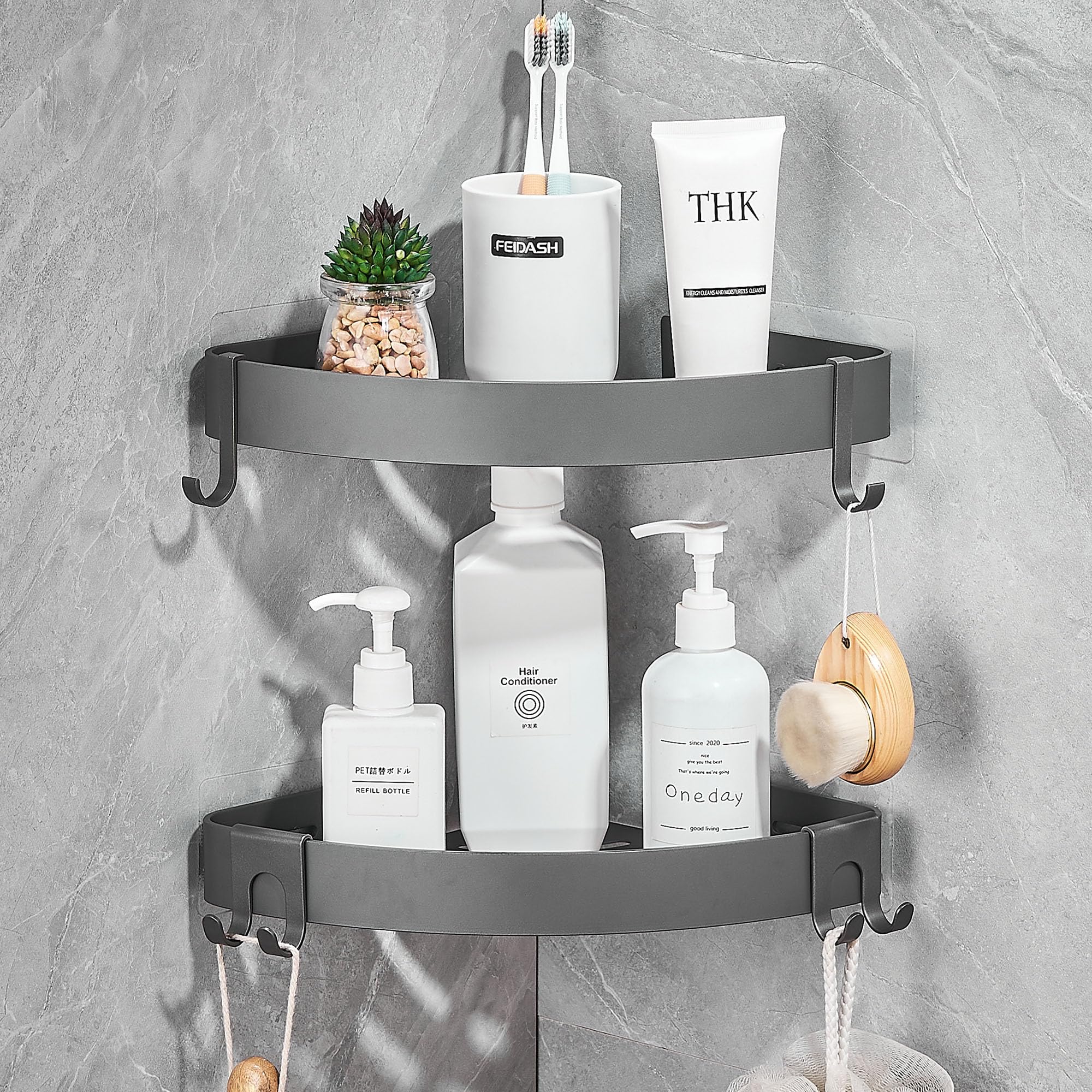 Mensola Doccia, Porta Sapone per Doccia Portasapone porta Bagnoschiuma da Doccia Portaoggetti Accessori Porta Shampoo Doccia con 4 Ganci, Spazio Alluminio Grigio 2 unità
