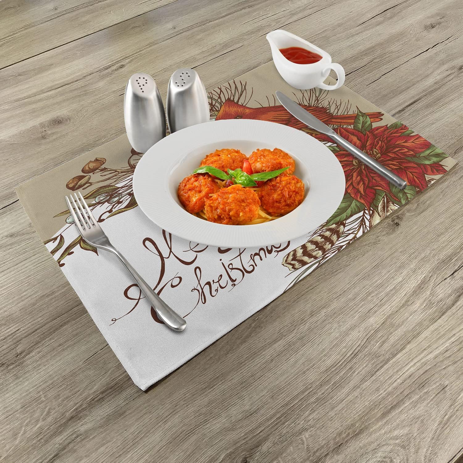 Lunarable Cardinal Place Mats Set of 4, Vintage Inspirations in Floral Arrangement of Christmas Poinsettia and Pine Cones, Washable Fabric Placemats for Dining Table, Standard Size, Vermilion Brown