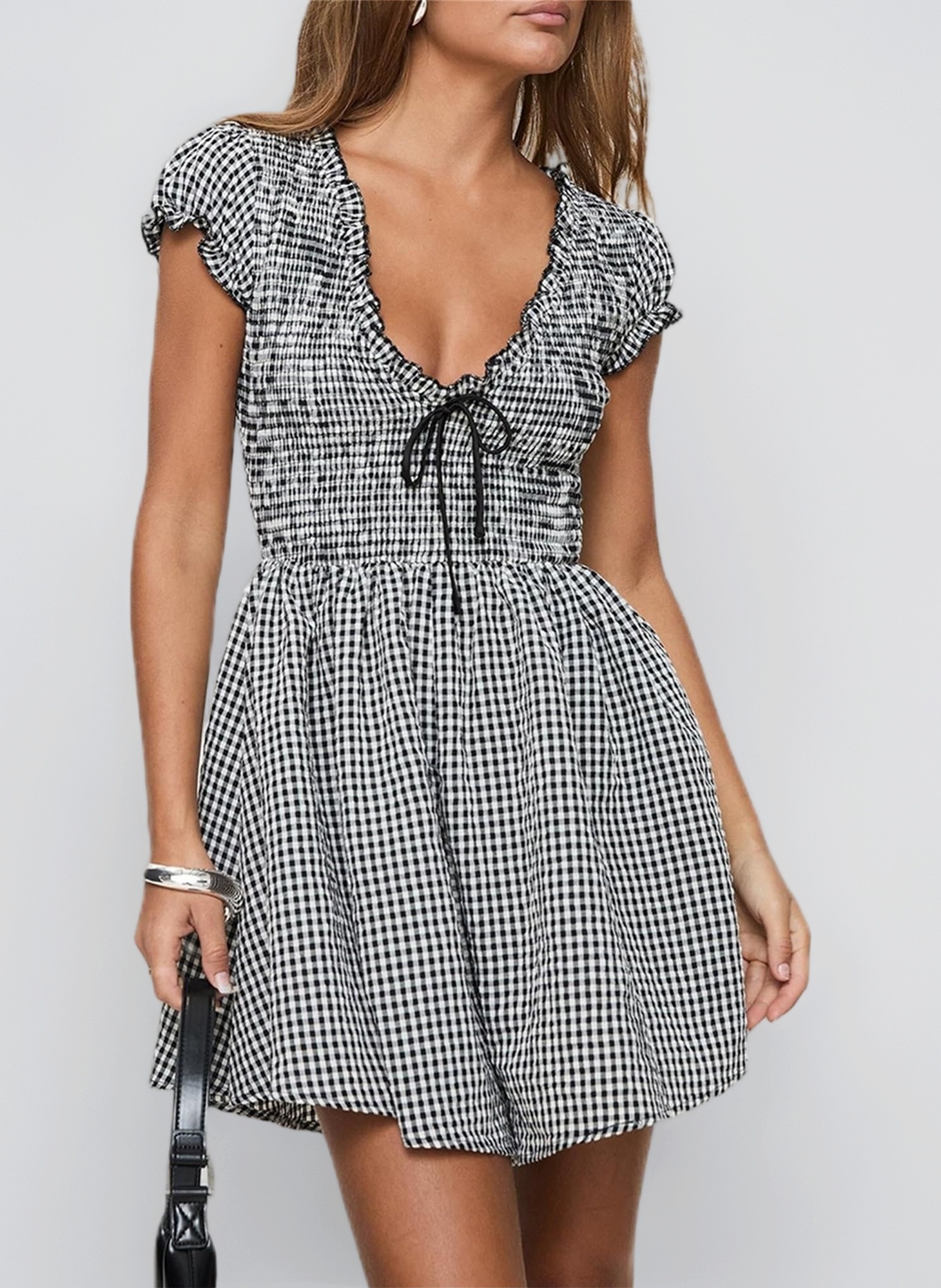 Women's Y2k Gingham Mini Dress Short Sleeve Deep V Neck Smocked Waist Slim Plaid Dress