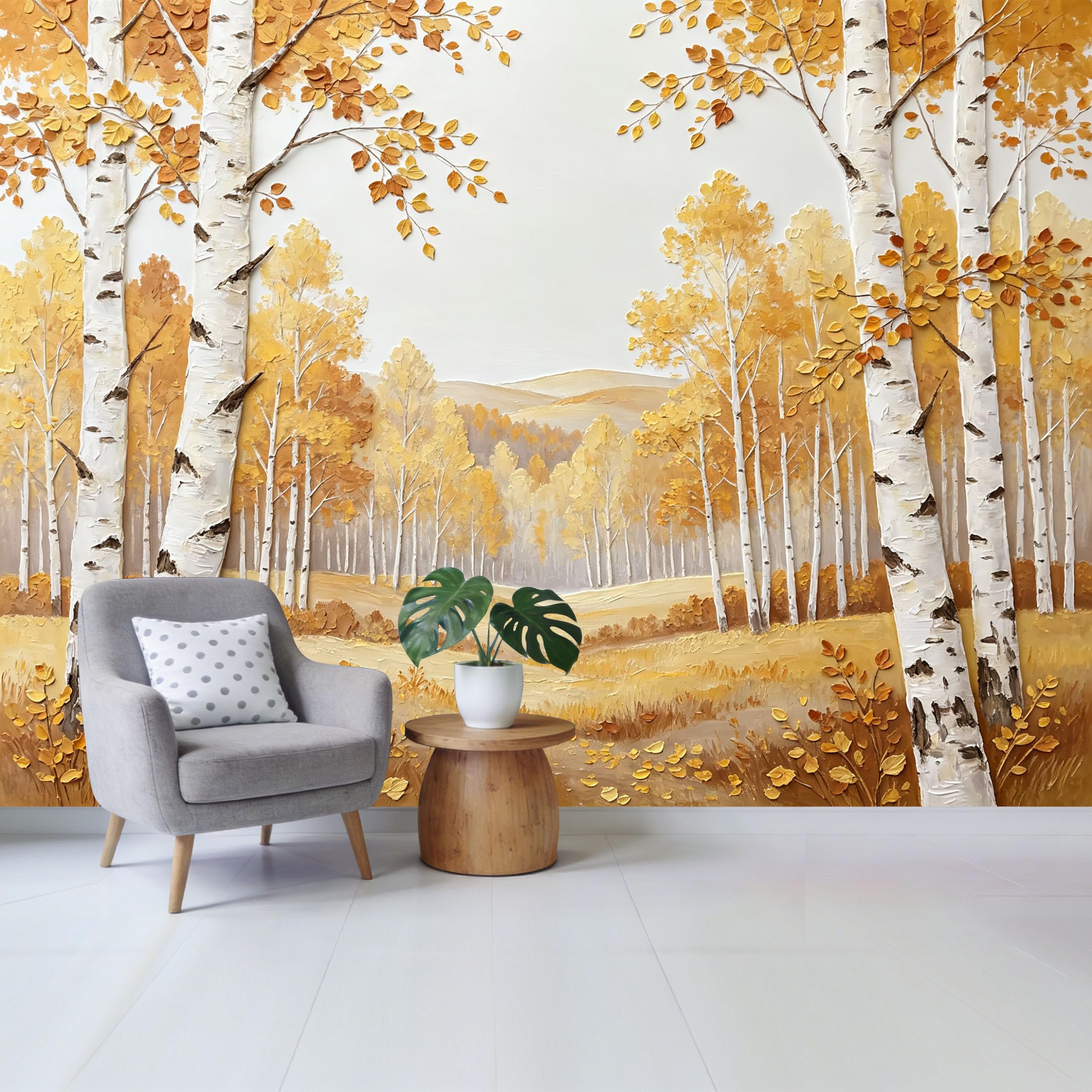 Qzlithotic Yq2605250673 Custom Size Wall Mural Golden Autumn Birch Forest Landscape Textured Oil Painting Style Selfadhesive Wall Fabric Removable Wallpaper For Home Office Decor