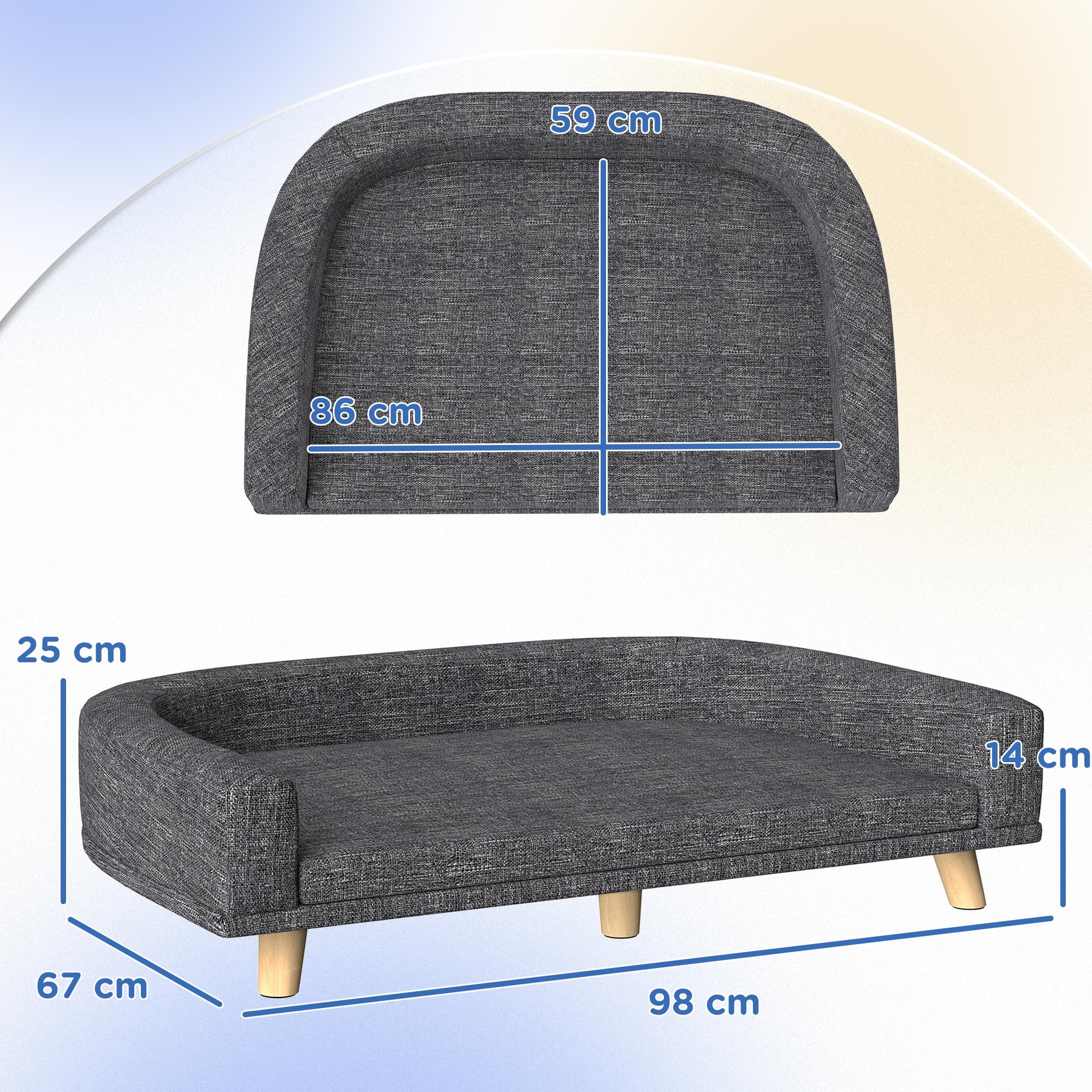 PawHut Sofá para Perros Grandes, 98x67x25 cm, Cama Elevada para Perros Tapizada con Cojín Lavable y Patas de Madera de Pino, Carga 40 kg, Gris Oscuro