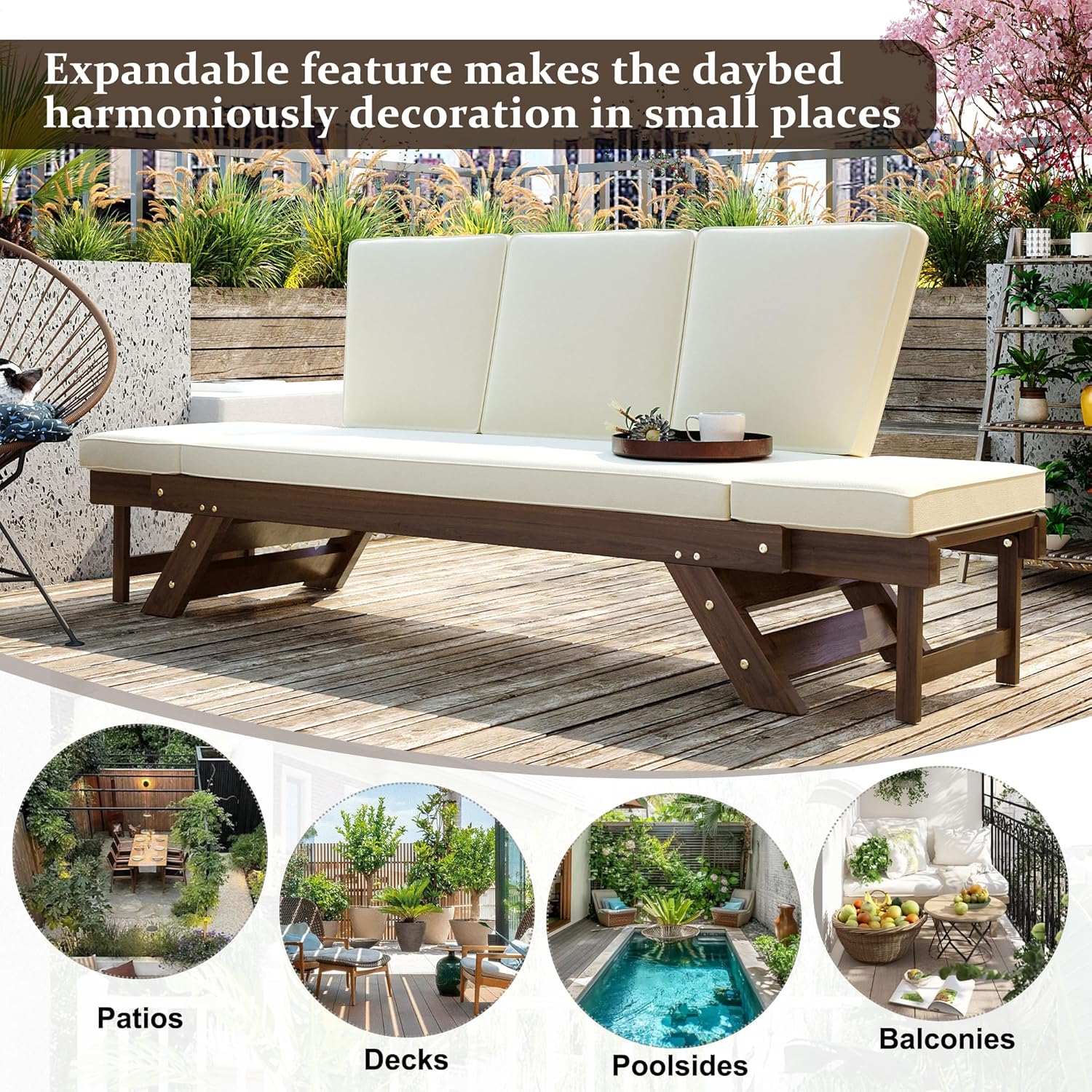 Adjustable Outdoor Daybed Chaise Lounge - Wooden Patio Sofa with Cushions for Small Spaces - Natural Finish (Beige + Solid Wood + Foam)