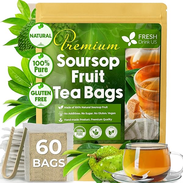 FreshDrinkUS, 60 Premium Soursop Graviola Fruit Tea Bags, 100% Natural and Pure from Soursop Fruits, Made With Natural Materials-Corn Fiber Tea Bag, Sugar/Caffeine/Gluten Free, Hoja Guanabana Tea