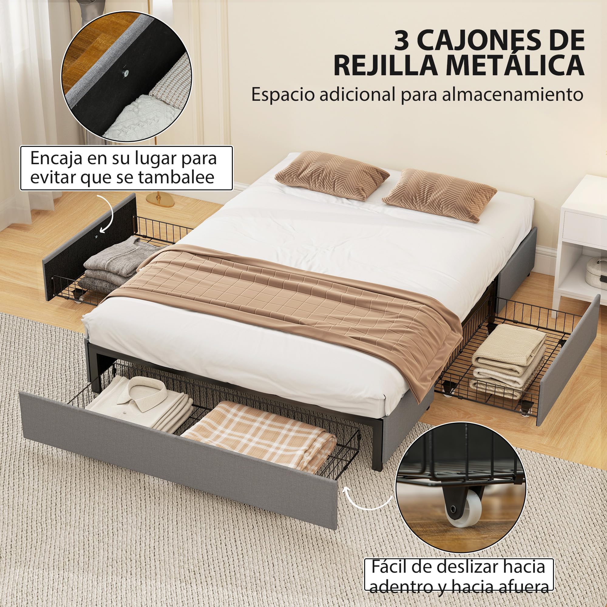 HOMCOM Cama Doble 140x190 cm Estructura de Cama Somier con 3 Cajones y Estructura de Metal Carga 363 kg Gris