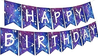 Galaxy Happy Birthday Banner Galaxy Space Astrology Party Decorations for Boys Girls Planet Starry Sky Themed Party Banner Supplies for Solar System Themed Birthday Party Nebula Bunting Decor