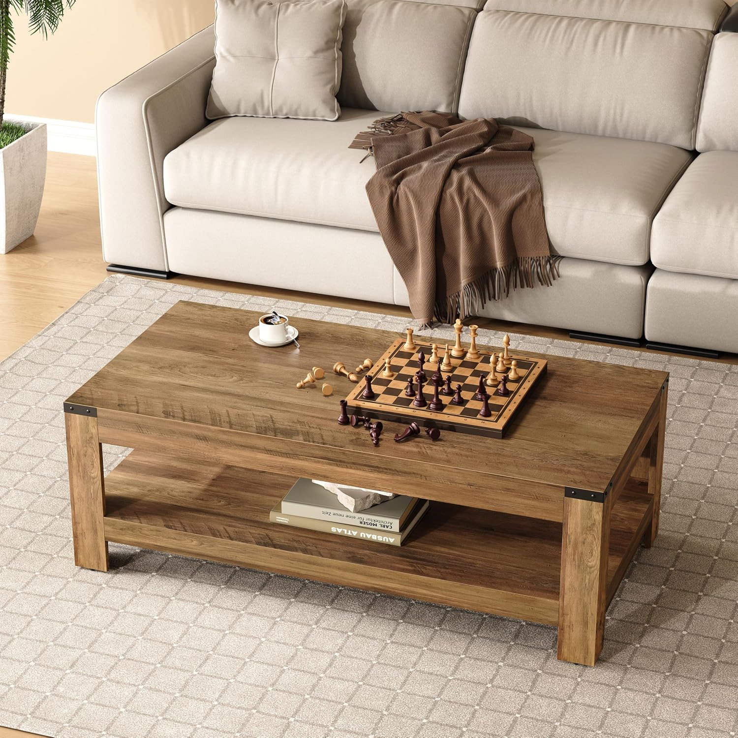 Detailed view of the OWIPAW Farmhouse Coffee Table's protective feet, metal bracket accents, and sturdy construction.
