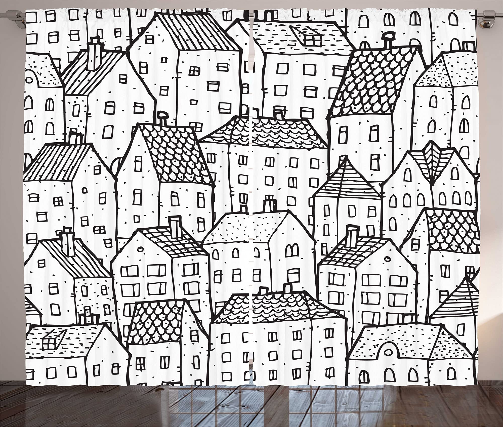 ABAKUHAUS Rustykalna zasłona, prosta ręcznie rysowane domy, do salonu, uniwersalna, z pętelkami i haczykami, 280 x 175 cm, kolor szary i biały