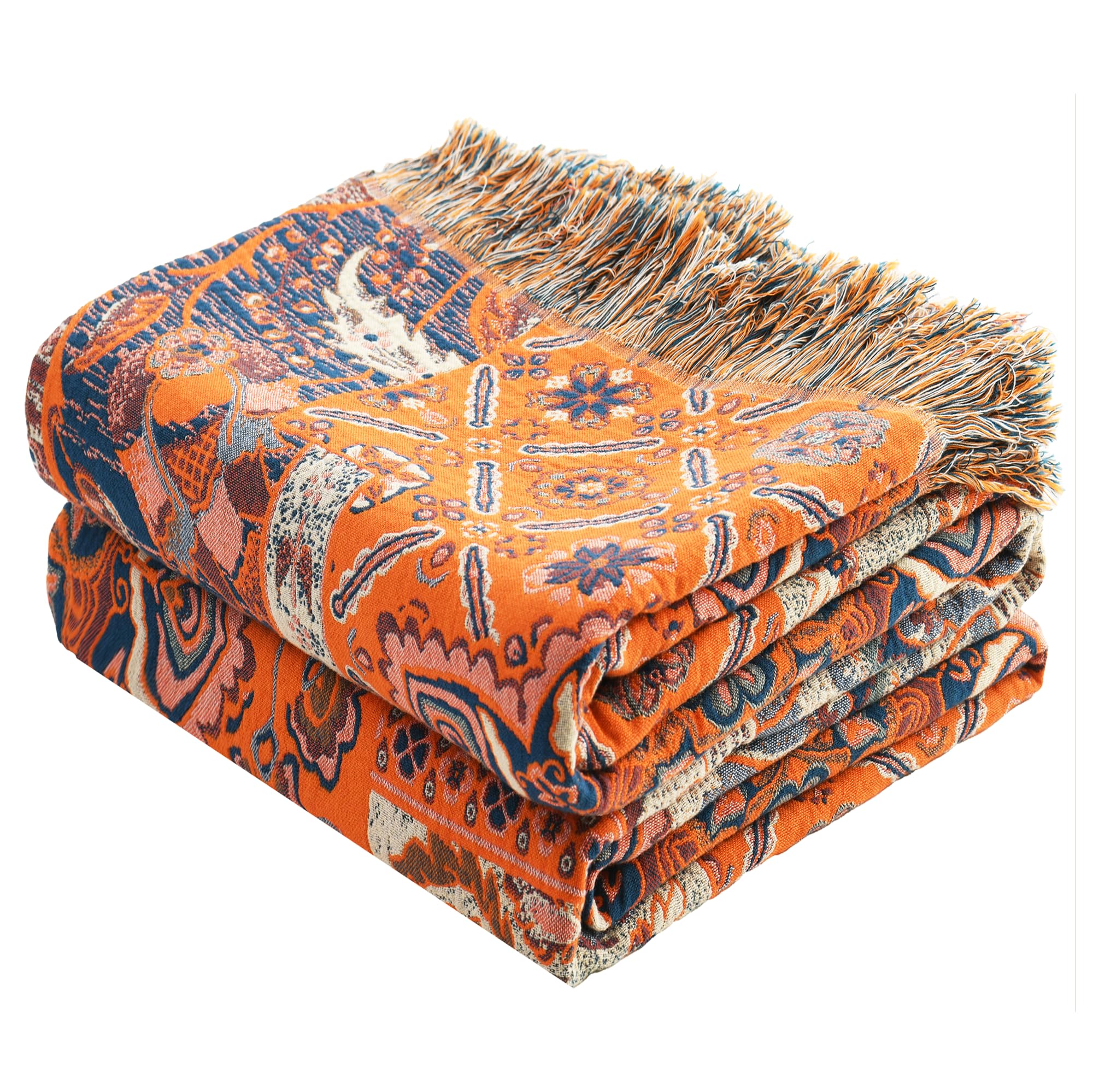 VANJOROY 100% Cotton Sofa Large Bed Orange Throw Blanket-130x160cm, Bohemian Double-sided Soft Luxury Throw for Single Seater Settees Armchair Couch and Bedspread.orange — image 1
