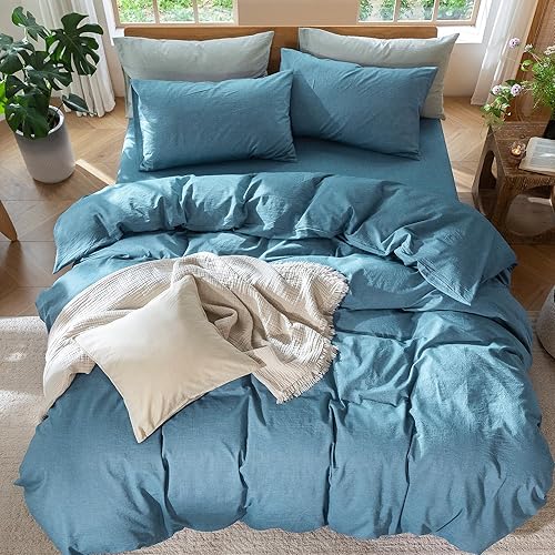 Miniatura 166 de MooMee - Juego de funda de edredón, 100% algodón lavado, textura parecida al lino, transpirable, duradero, suave y cómodo