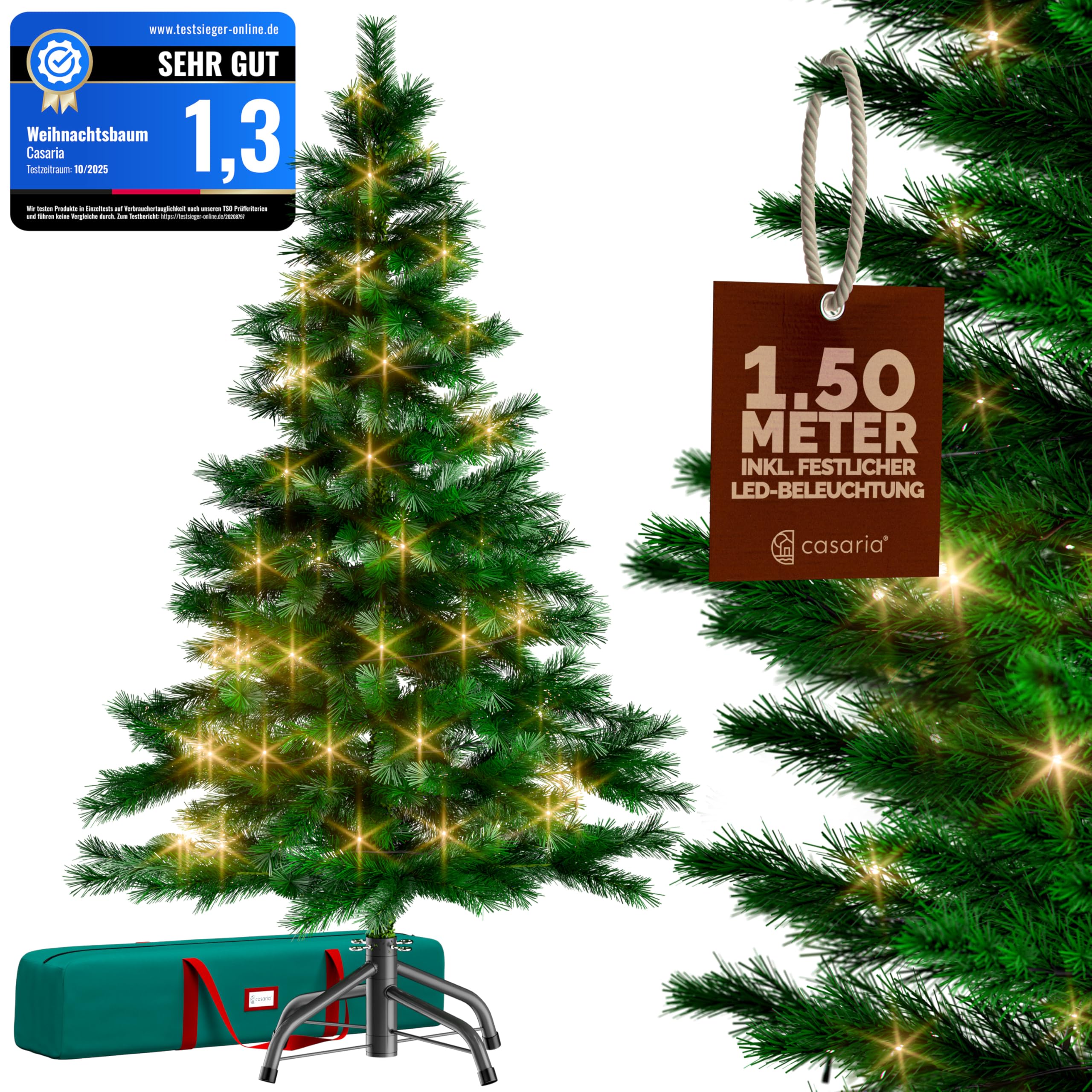 CASARIA® Weihnachtsbaum künstlich 150 cm Lichterkette 100 LED Tannenbaum mit Beleuchtung wie echt Stecksystem dichte Spitzen stabil schwer entflammbar | mit Beleuchtung, Lichterkette, 100 LED, Tannenbaum, dichte Spitzen, stabil, schwer entflammbar, Stecks
