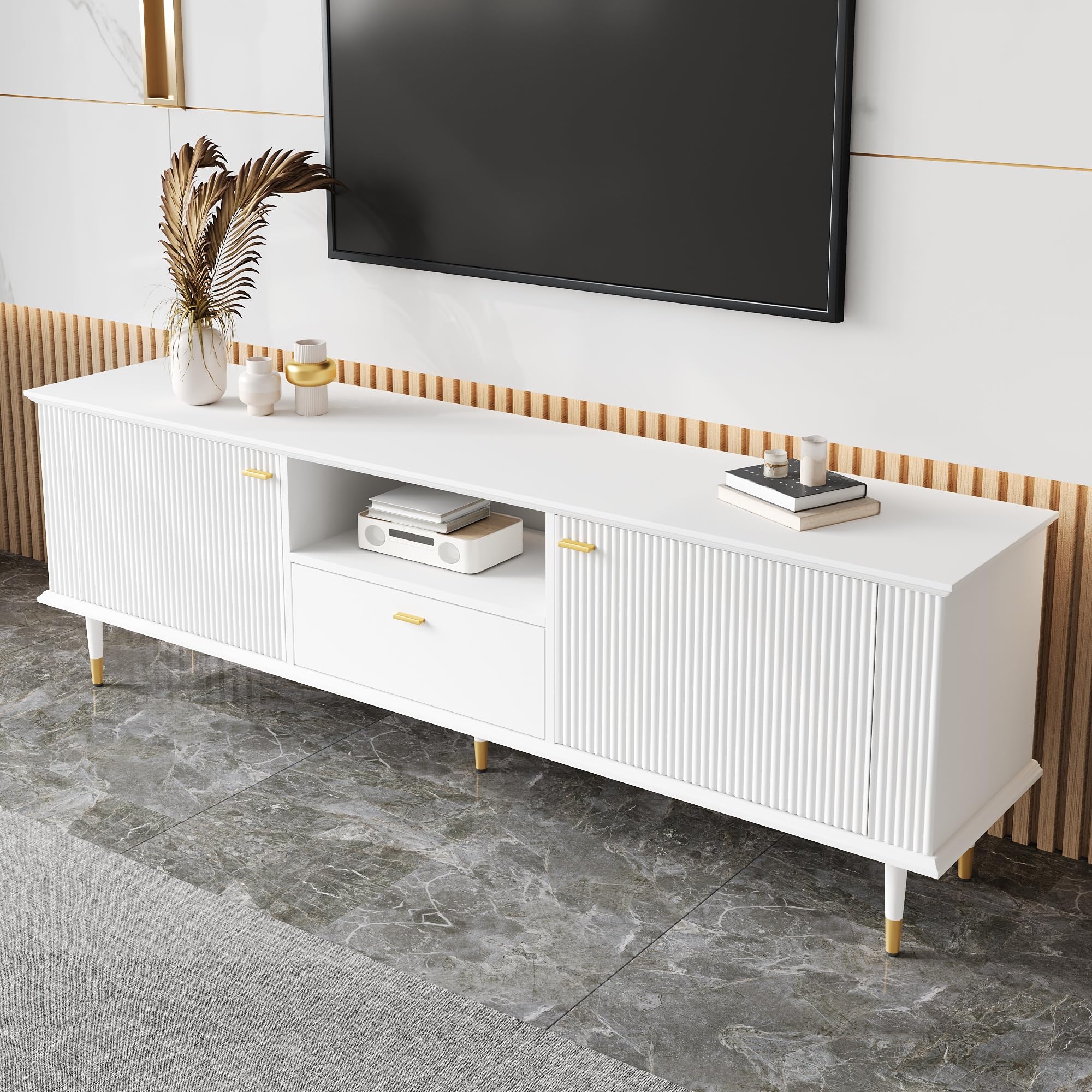 TV-Lowboard mit Soft-Close & Golddetails, 2 Türen, Schublade, Weiß