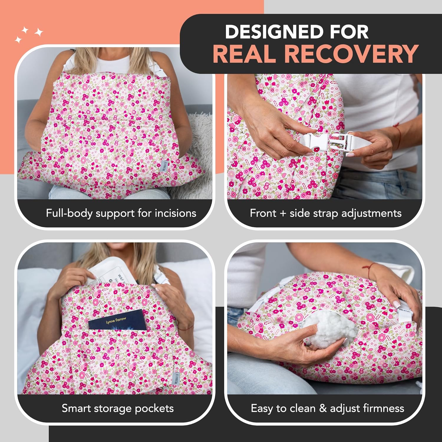 Hysterectomy Pillow for Abdominal Surgery, C Section Pillows, Post Hysterectomy Recovery Must Haves, Recovery Gifts Products, After Surgeries Tummy Tuck Pillow, Heart Surgery Pillows - Pink Flower