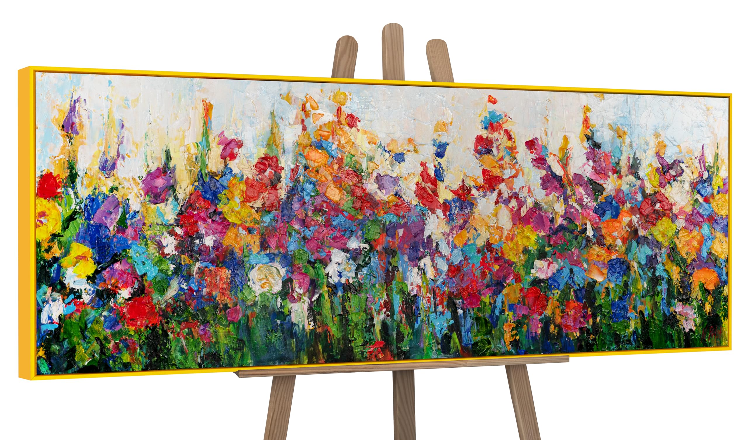 YS-Art Framed hand painted painting with flower Whirlwind of field colors Abstract artwork floral motive summer Wall art in colorful shades 60x20 in