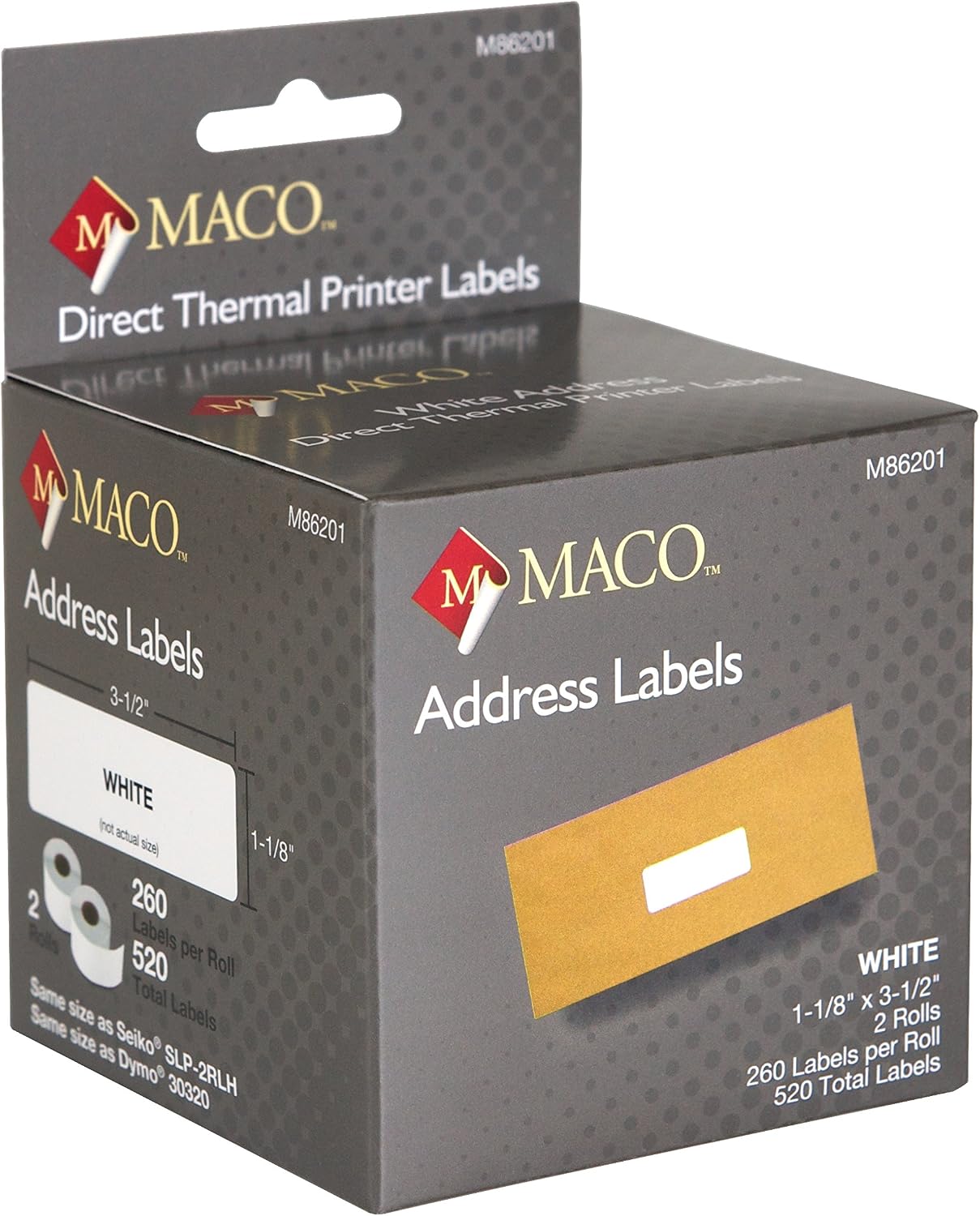 MACO Direct Thermal Printer White Shipping Labels, 2-1/8 x 4 Inches, 220 Per Roll, 1 Roll (M86202)