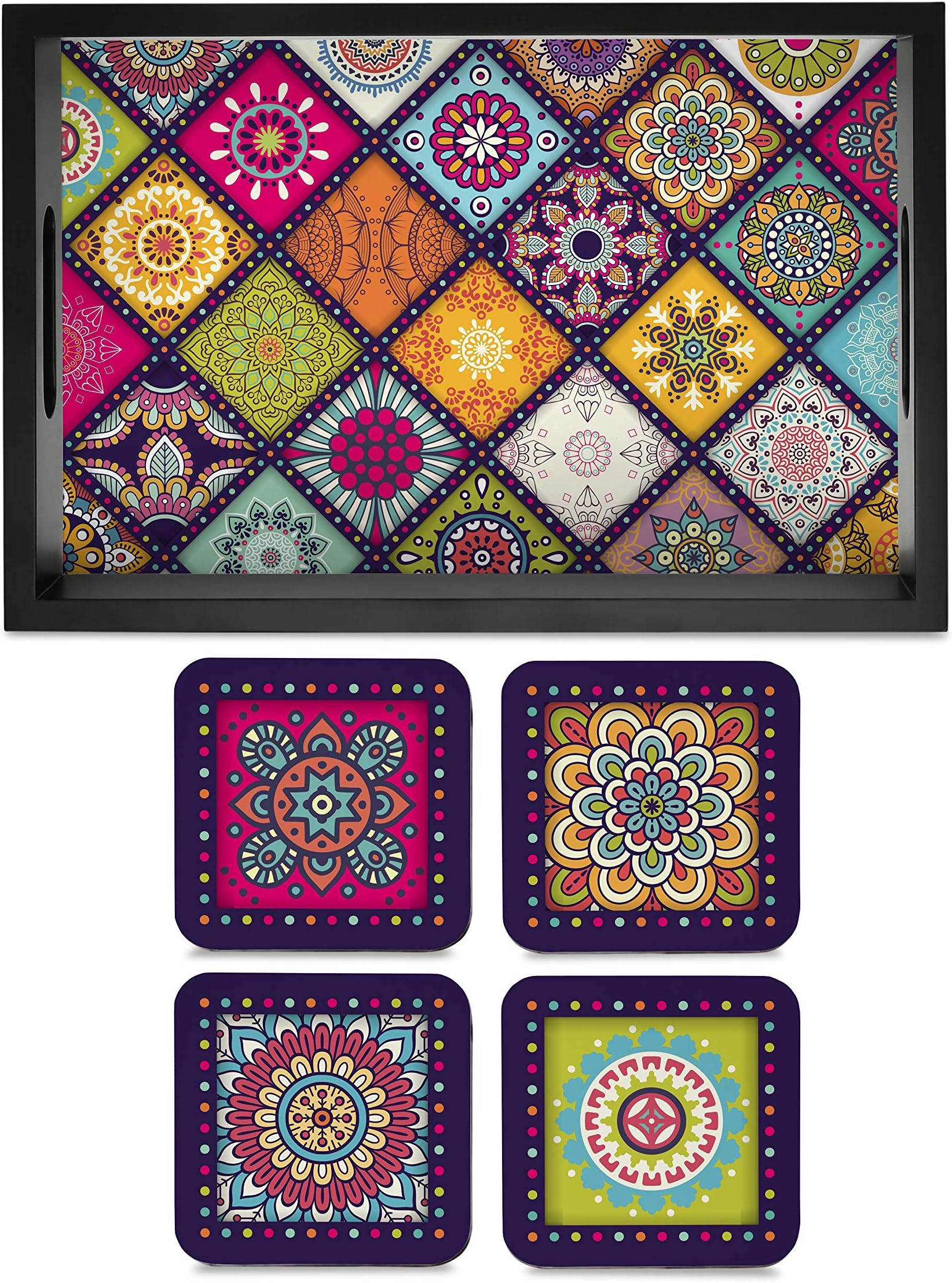 BRAHMA DESIGN Tray & Coaster Set Multi Mandala Design - Combo Offer. Kitchen, Dining, Serving & Desk Set of 1 Tray 8" x 12" and 4 Tabletop Square Drinks Coasters 3.75" x 3.75" Made in Wood