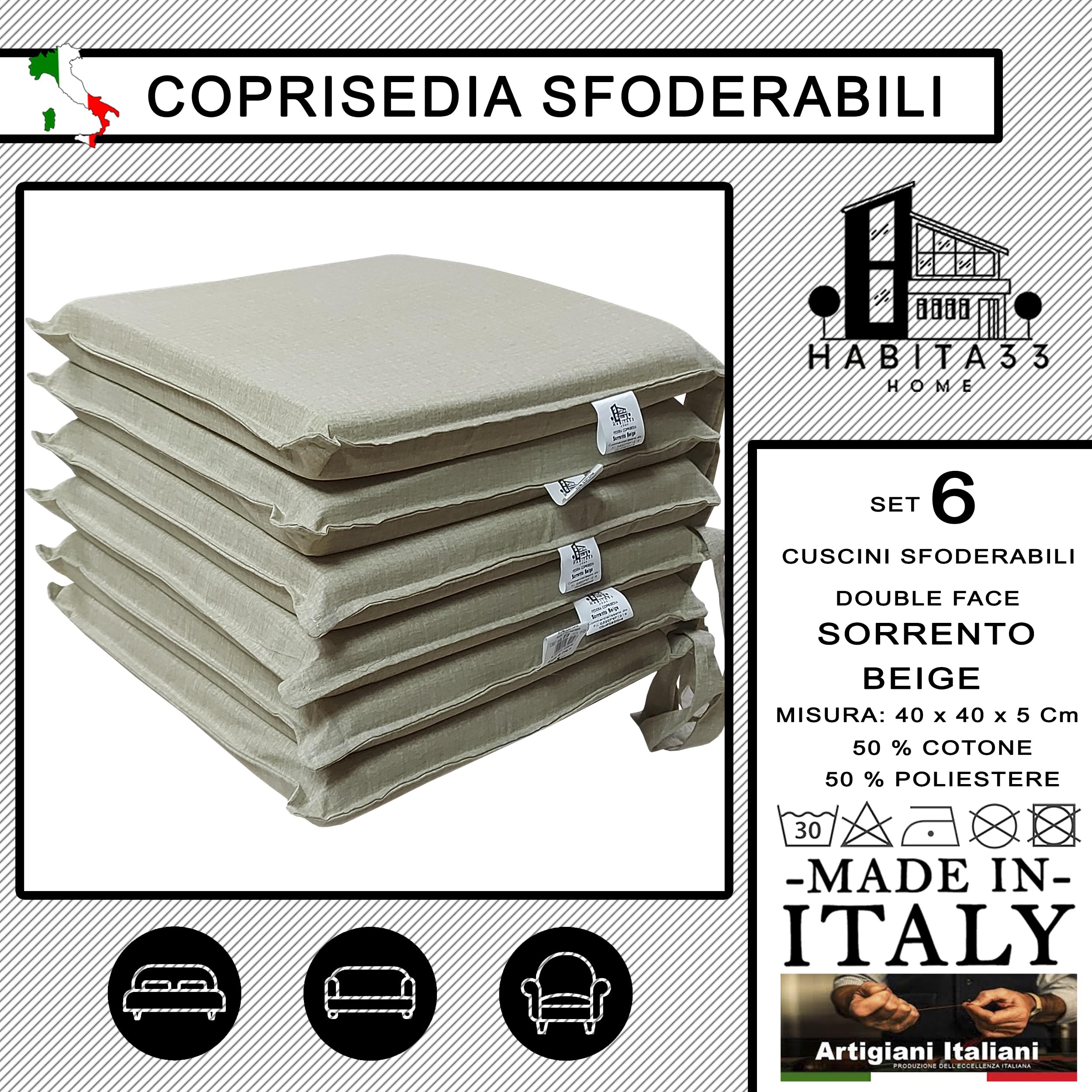 Cuscini Sedie Cucina Set da 6, 40x40 cm, Copri Sedia Sfoderabili double face in Tessuto Loneta Made in Italy (Sorrento Beige)