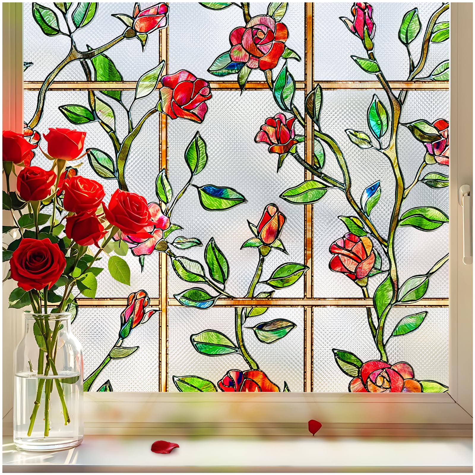 Stained Glass Window Film, Window Privacy Film Frosted Faux 3D Floral Decorative Static Cling Heat Blocking Window Tint, Rose, 23.6" x 35.4"
