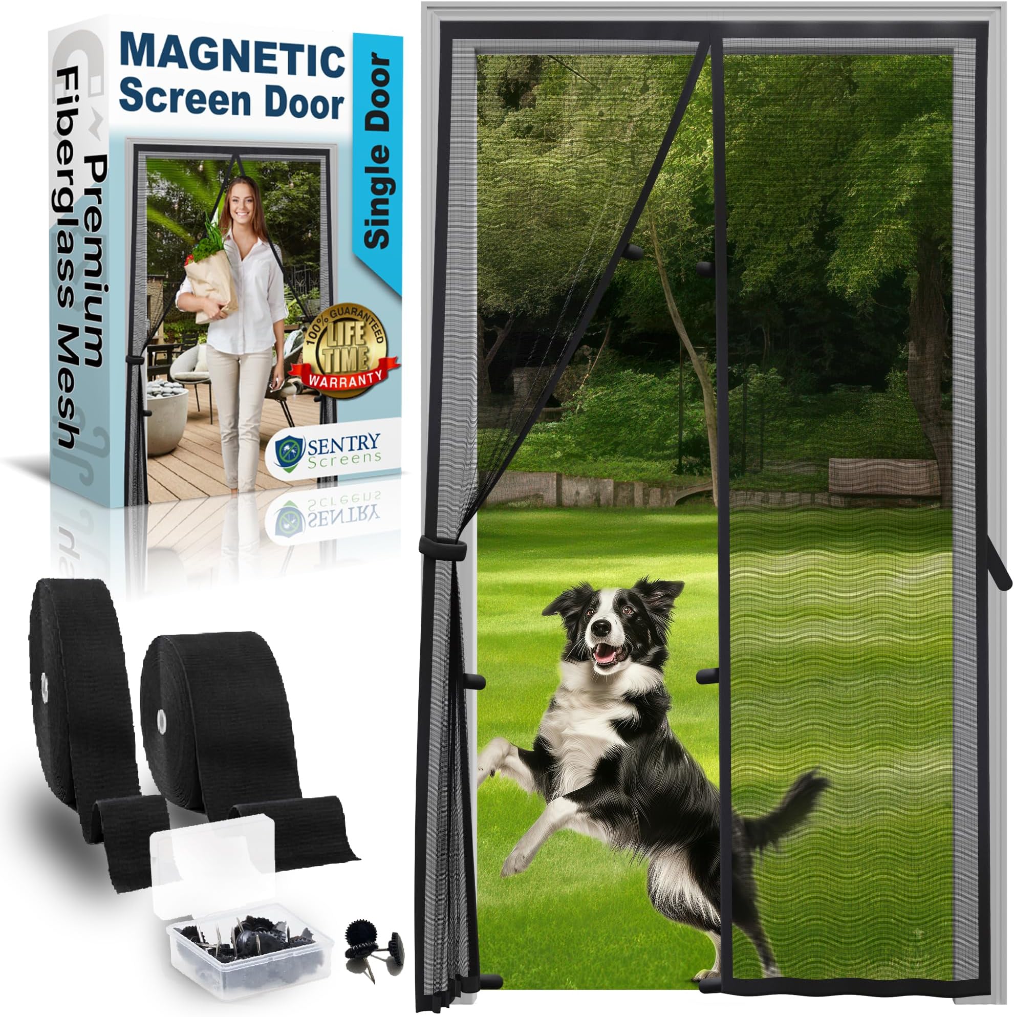 Fiberglass Mesh Magnetic Screen Door – Heavy Duty Self-Closing Hanging Door Net Screen with Magnet Closures – Fits Doors Up to 30"x79" – Black – by Sentry Screens
