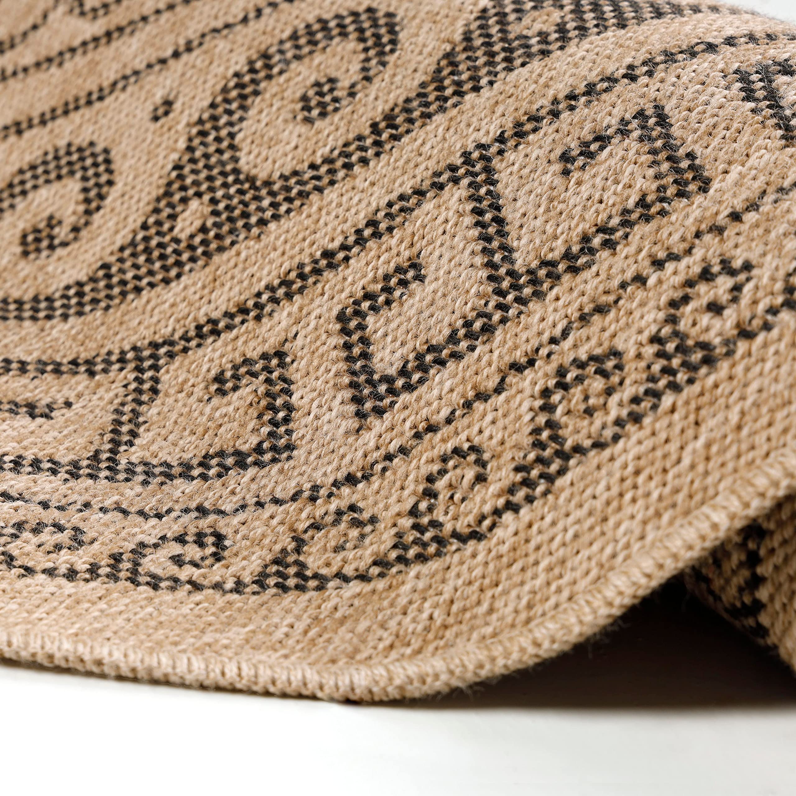 Teppium Tapis d'extérieur résistant aux intempéries, 120 cm, rond, aspect sisal naturel et jute – Tapis de cuisine lavable, antidérapant, imperméable, design greek, facile d'entretien – Idéal pour