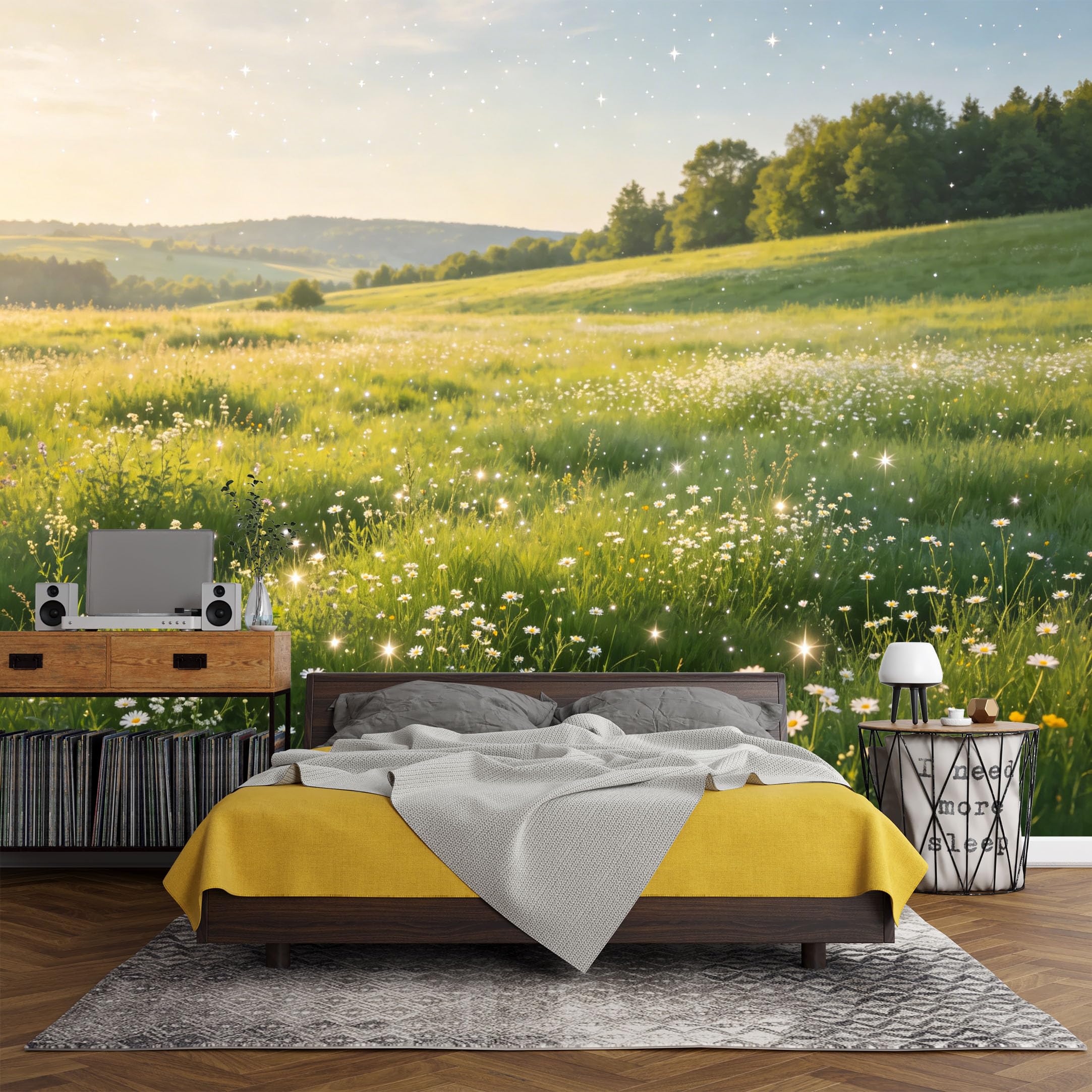 Custom Size Wall Mural， Landscape Meadow Daisy Wildflower Sunlight Sparkle Field， SelfAdhesive Art Prints wall Fabric (No PVC) Removable Wallpaper Living Room Decor