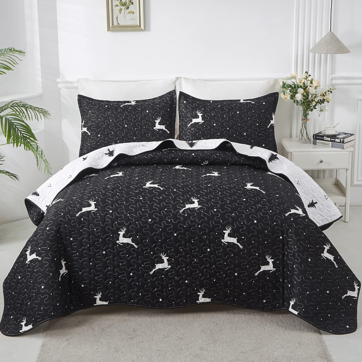 LAMEJOR Christmas Quilt Set Queen Size Black/White Elk/Reindeer