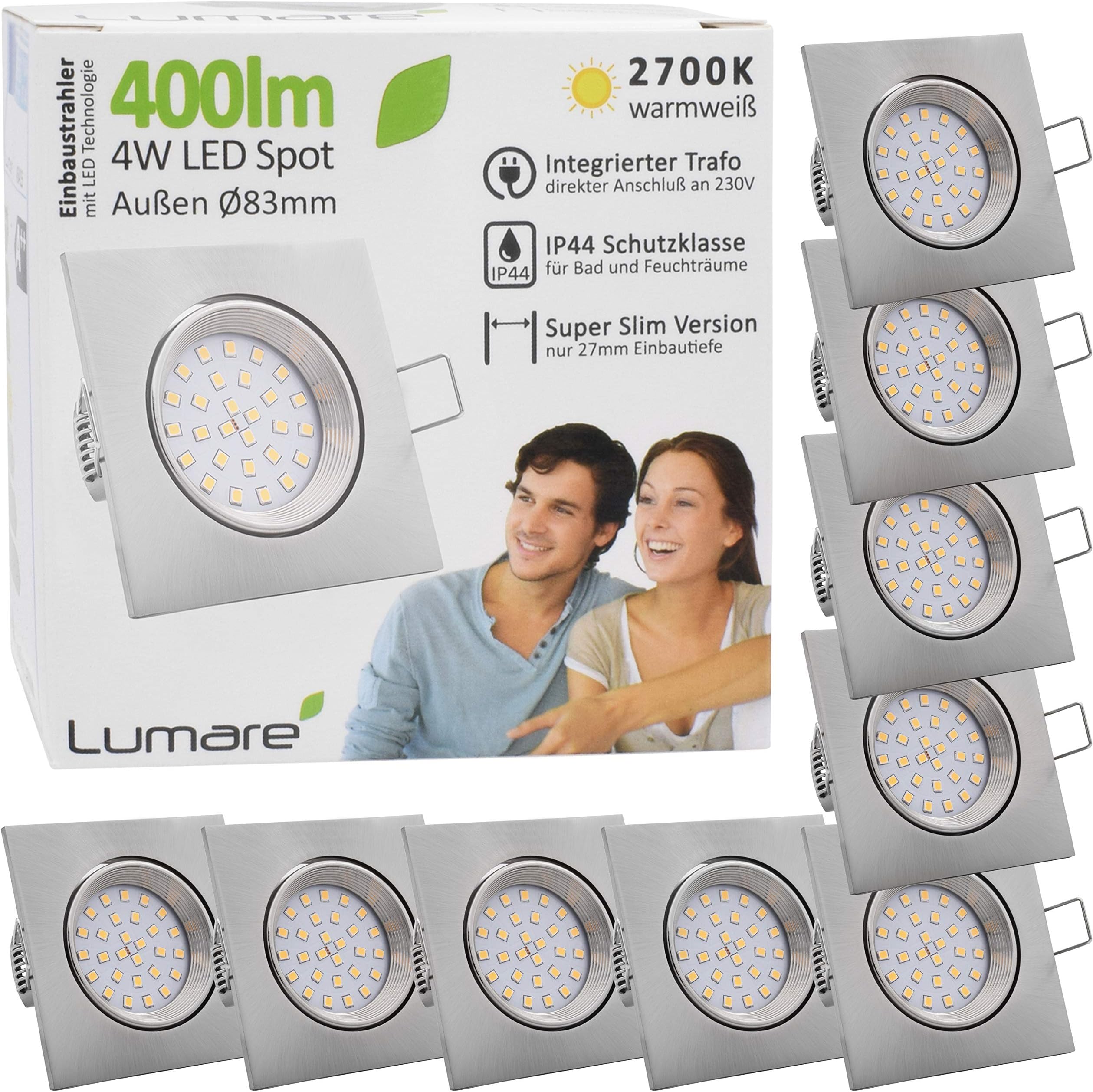 Lumare LED Angular Recessed Spotlight Bulbs 4W | 400lm Downlights for Ceiling | Extra Shallow, 27mm Installation Depth | 75mm Drill Hole Diameter | 230V | IP44 Warm White 2700K | Set of 9, Silver