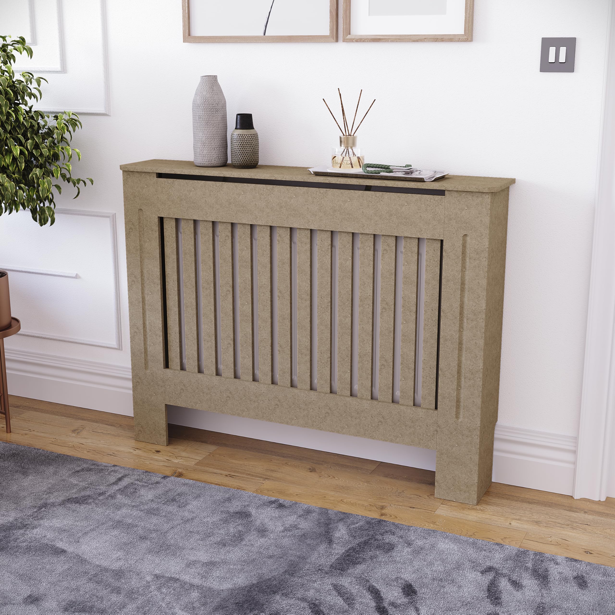 Vida Designs Chelsea Heizkörperabdeckung Unfinished - Mittel - Modernes vertikales Lamellendesign für optimale Wärmeverteilung - H82xW112xD19cm - Unlackiertes MDF-Möbel Ideal für Wohnzimmer und Flur