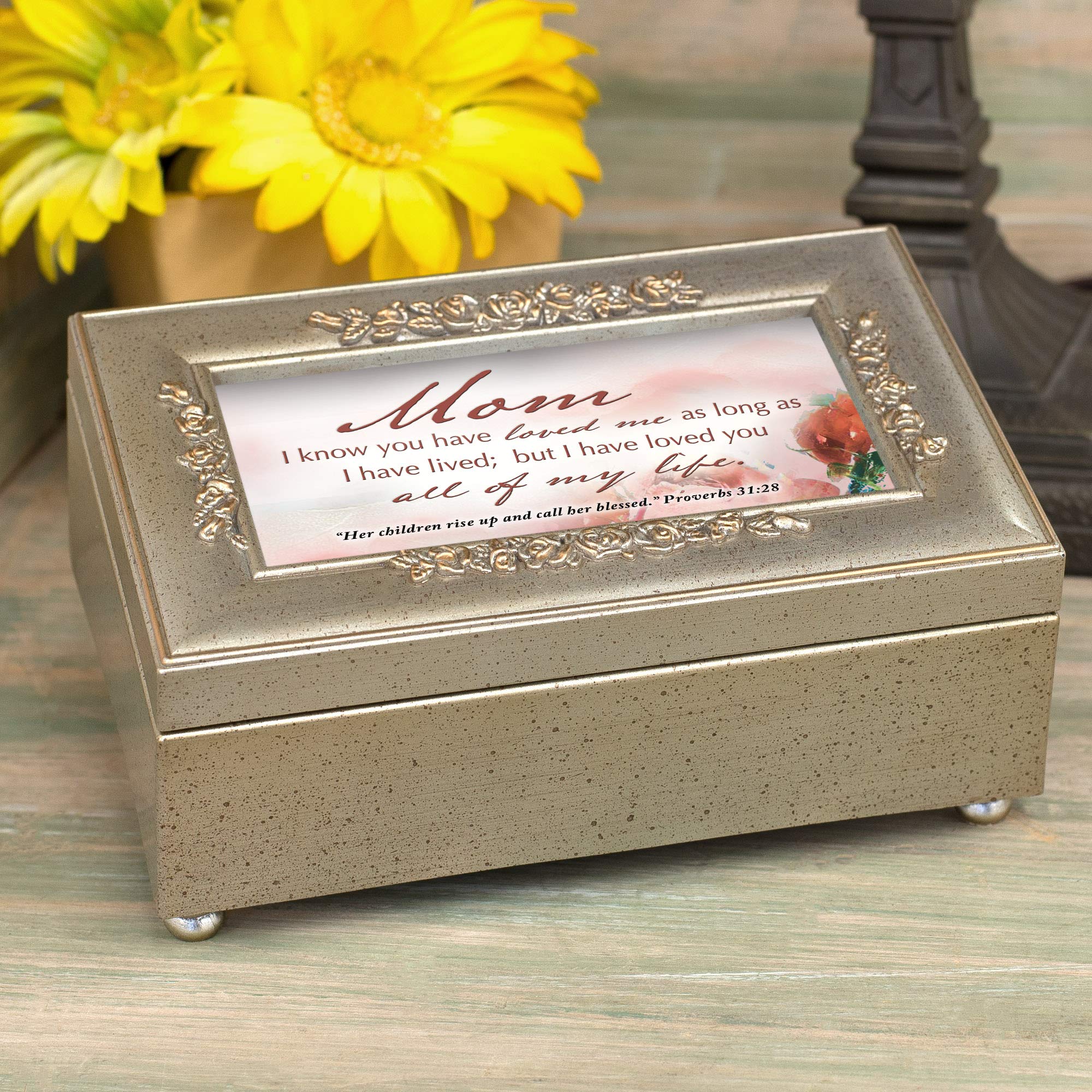 Cottage Garden Mom I Love You Inspirational Champagne Silvertone Bevel Petite Rose Music Box Plays Amazing Grace