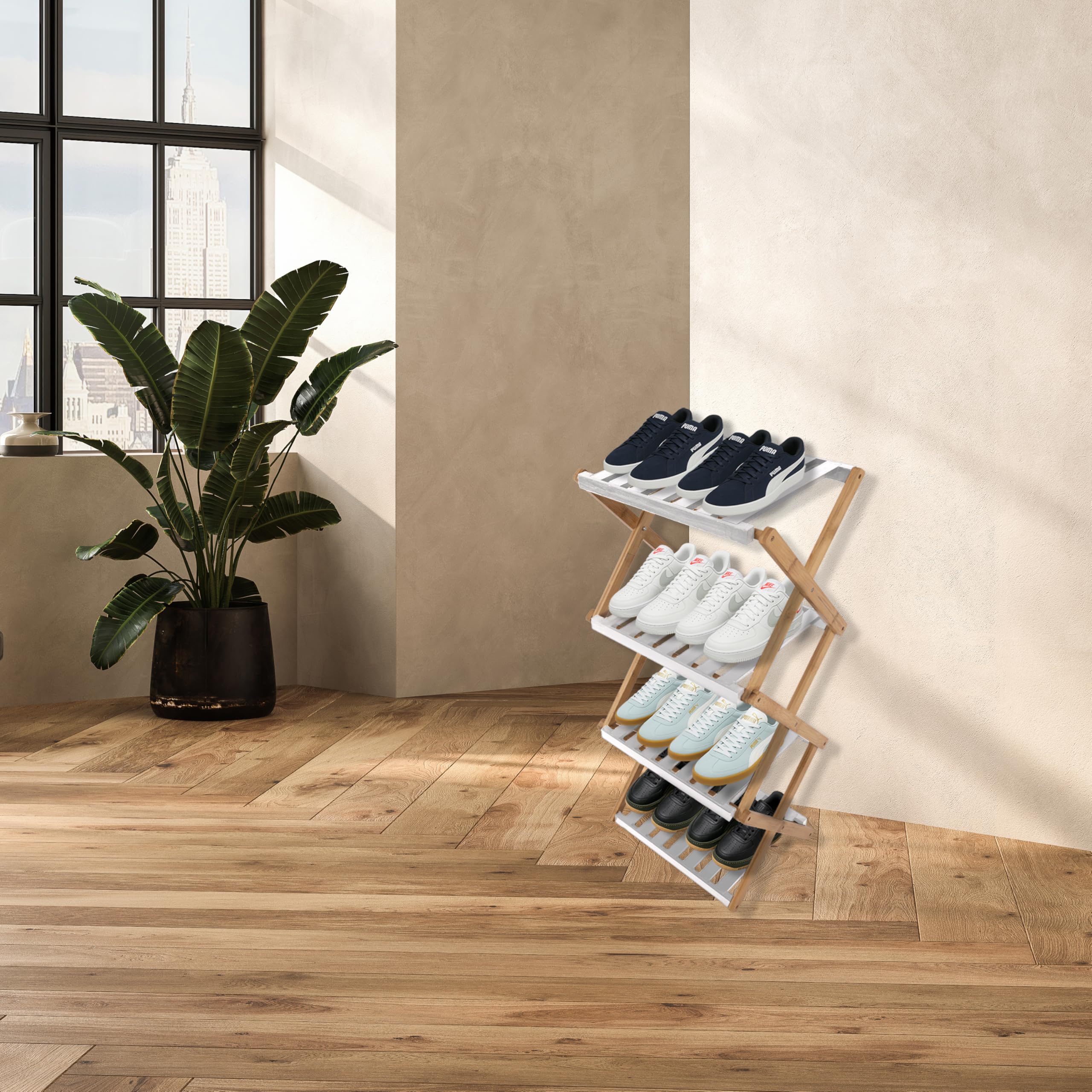 XZ-24511 Estante Zapatero de 3 Niveles Plegable de Bambú 28x37.5x93.5cm Blanco - Organizador Portátil para Calzados Sin Instalación, Zapatero para Pasillos