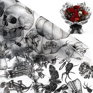 RUSPEPA 20 Sheets Halloween Flower Wrapping Paper, Black White Vintage Skull, Pumpkin & Spider Design Waterproof Floral Bouquet Wrap Paper, Florist Supplies Packaging for Halloween Party, DIY Craft