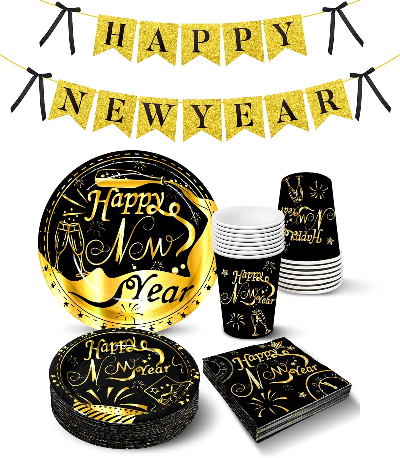KatchOn, New Years Eve Party Supplies 2026, Pack of 69 | Plates Cups & Napkins Set Serves 16 with Gold Happy New Year Banner | NYE Decorations 2026