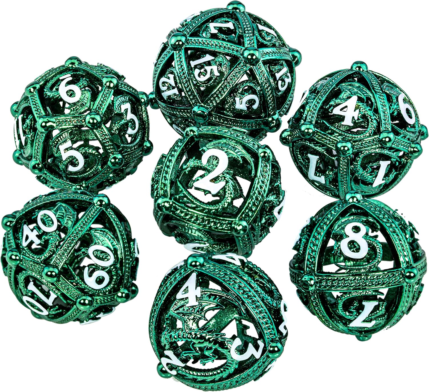 Metal DND Dice Set - Hollow Orb Round Design for Better Rolling - Beautiful Dragon Metal Dice Set for Role Playing Games (RPG) - Stunning D&D Dungeons and Dragons Dice Set (Green)