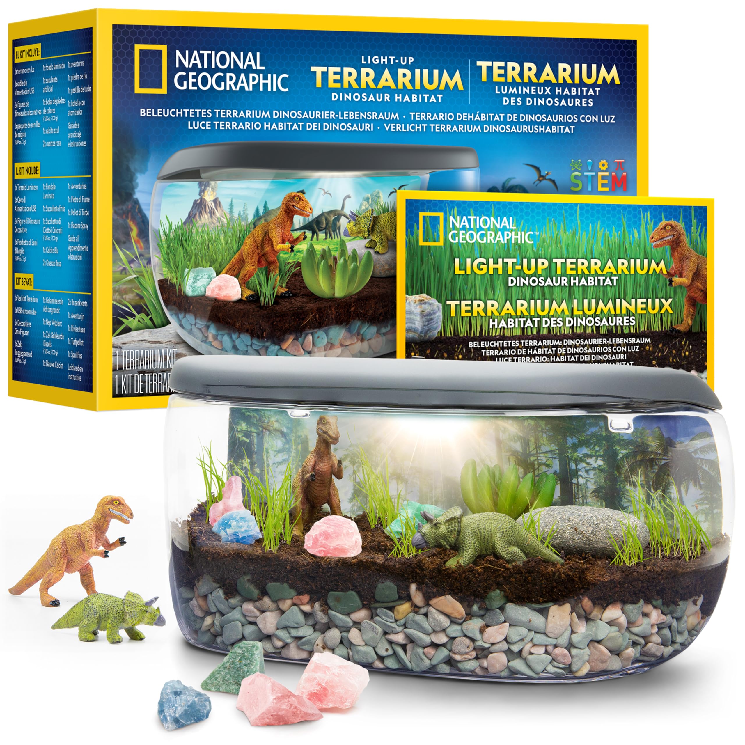 NATIONAL GEOGRAPHIC Terrarium Luminoso per Bambini – Crea un Habitat con Piante Vere ed Elementi Preistorici, Kit Scientifico con Dinosauri