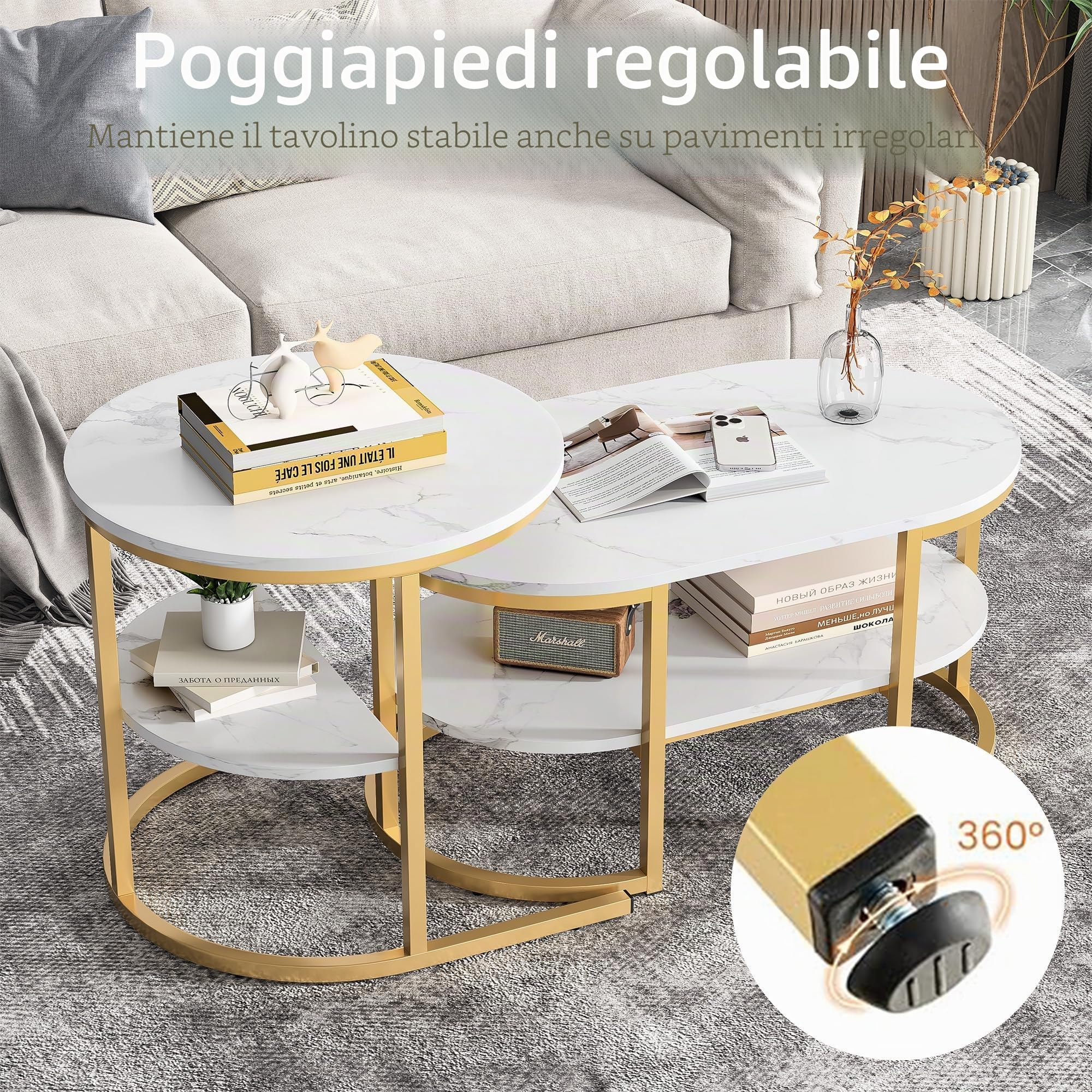 Set di 2 tavolini ovali, set di 2 tavolini 2 in 1 con spazio di archiviazione, tavolino in marmo effetto tavolino da salotto per soggiorno, balcone e ufficio (ovale, bianco + oro)