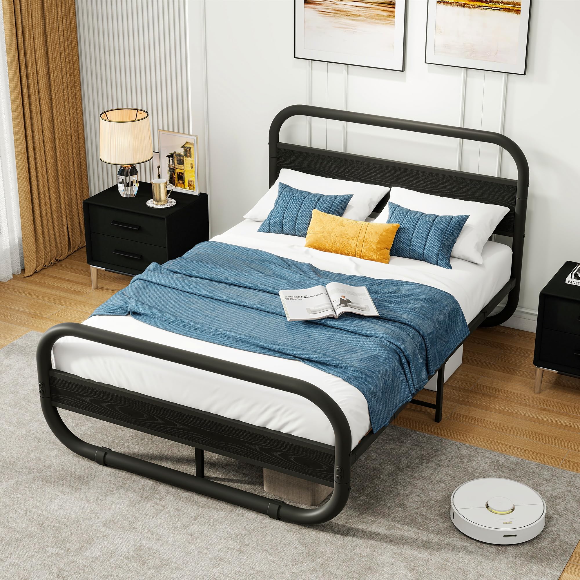 HOMERECOMMEND Metalowe łóżko 120 x 200, rama łóżka z metalu i drewna ze stelażem, rama łóżka 120 x 200 cm z zagłówkiem, owalne łóżko platformowe z miejscem do przechowywania pod łóżkiem, czarne