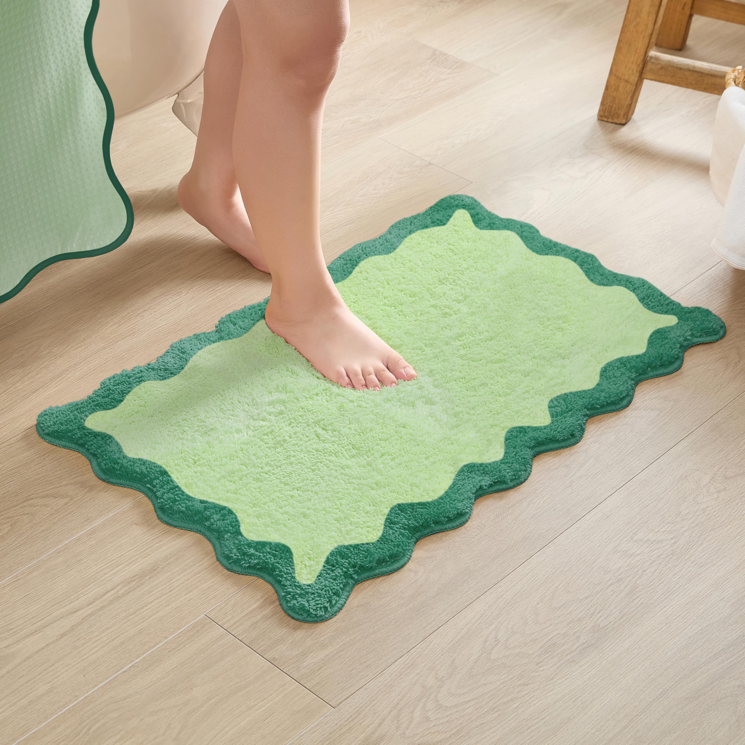 MONDAY MOOSE Bath Mat with Scalloped Wavy Ripple Design, Microfiber Absorbent Non Slip Tufted Rug for Floor, Shower or Kitchen (20x32 inch, Teal Green)