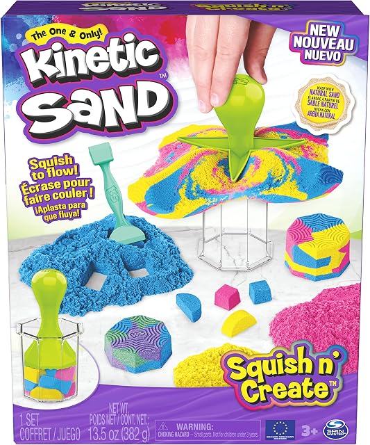 Kinetic Sand, Squish N Create with 382g of Blue, Yellow and Pink Play Sand, 5 Tools, Sensory Toys for Kids Aged 3 and Up