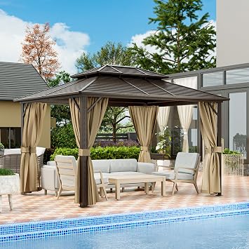 HAPPATIO 10 x 12 Hardtop Gazebo with Aluminum Frame, Outdoor Gazebo Hardtop with Galvanized Steel Double Roof for Deck, Backyard, Patio, Lawns Brown