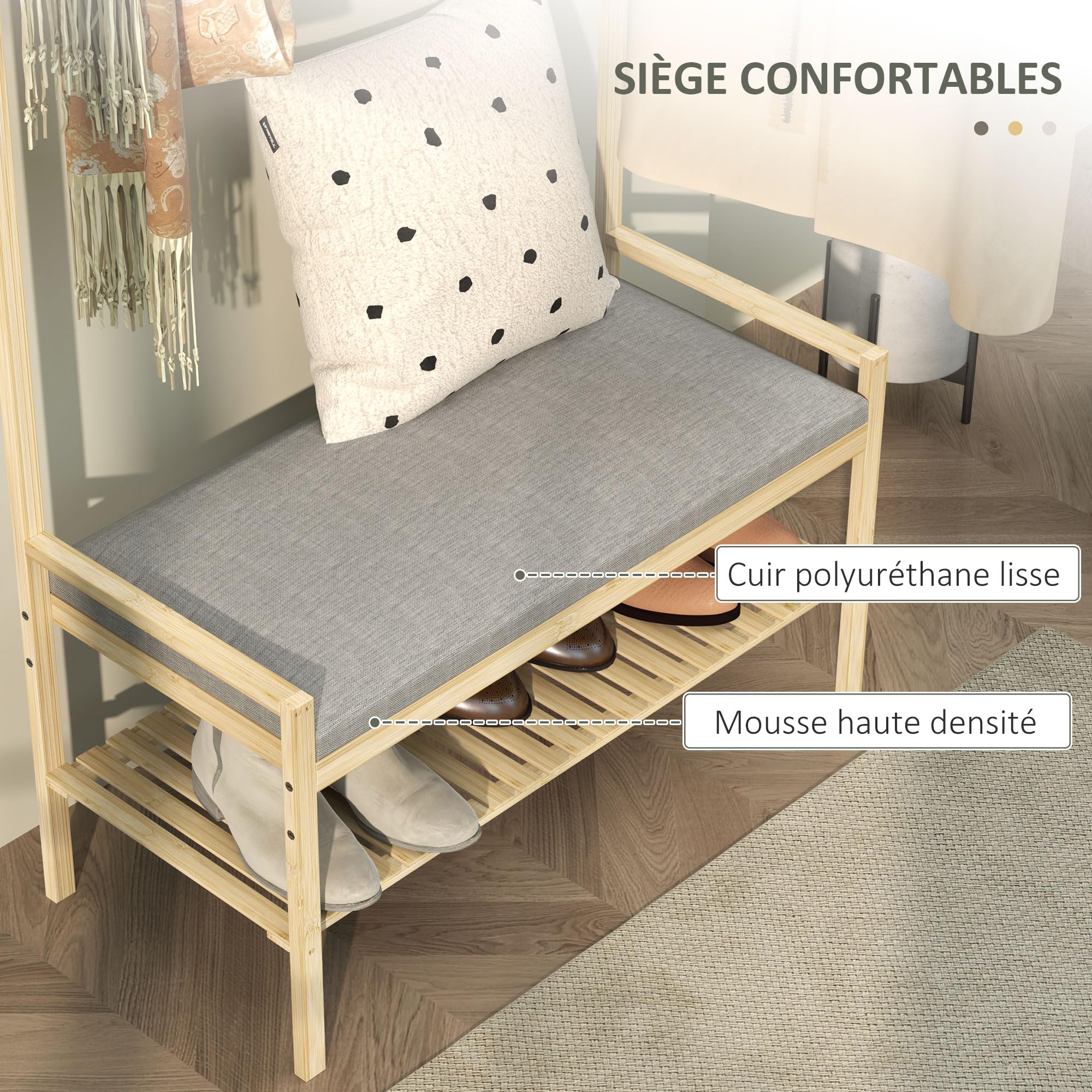 HOMCOM Porte-manteau avec étagère à chaussures en bambou, meuble d'entrée avec banc,10 crochets, tringle à vêtements, coussin rembourré, vestiaire pour entrée, couloir, salon, 73,5x34x171 cm, naturel