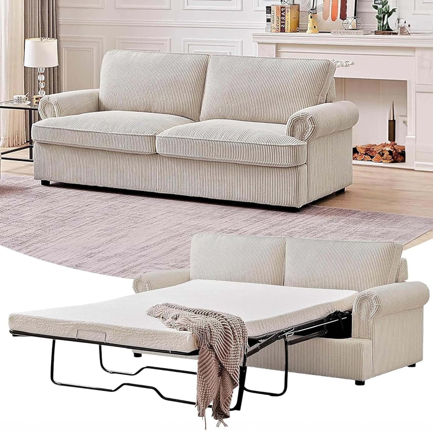 Reversible Sleeper Sofa Bed with Comfortable Memory Foam Mattress, Convertible Corduroy Full Size Pull Out Couch for Living Room, Space Saving Furniture, 76" Wide, Rounded Arms, Ivory