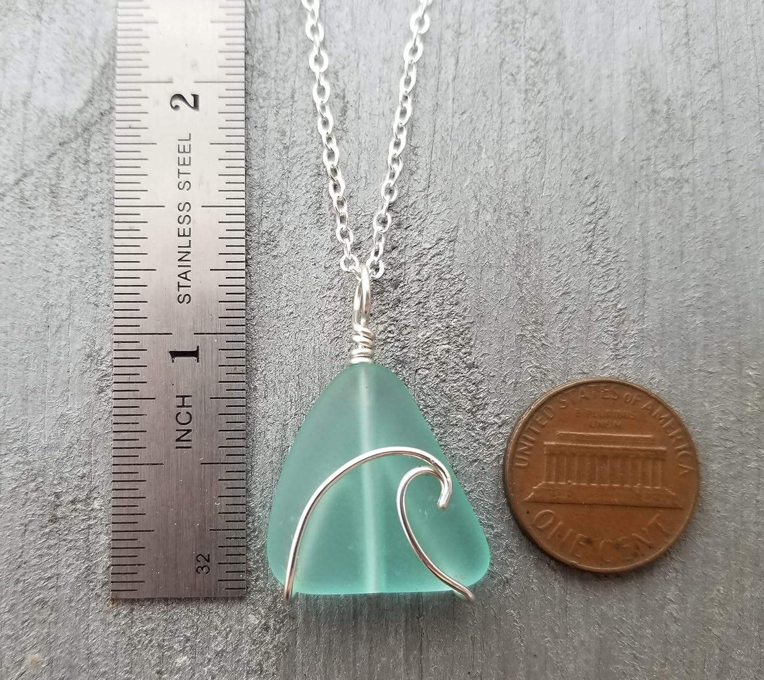 Handmade in Hawaii, wire wrapped ocean wave sea glass necklace, (Hawaii Gift Wrapped, Customizable Gift Message)