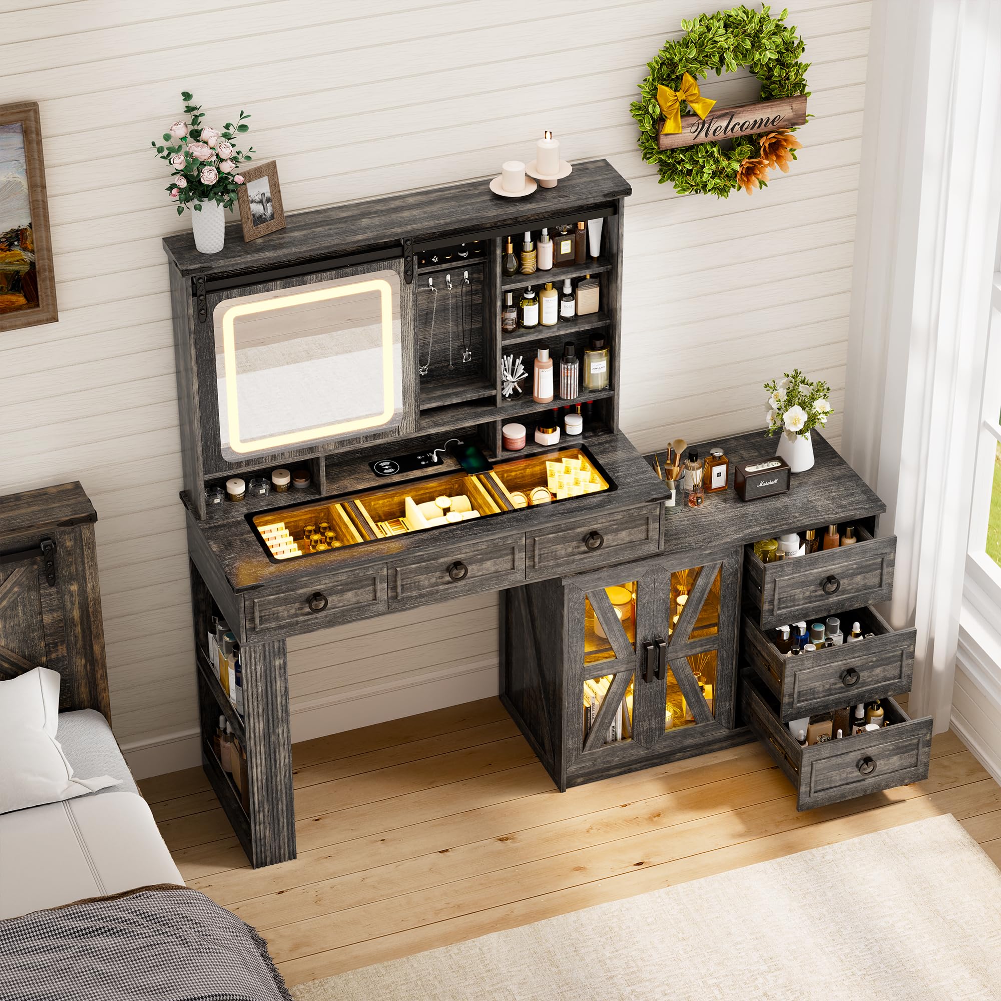 yoofun Farmhouse Vanity Desk with Sliding Mirror & Lights, Glass Top Dressing Table with Jewelry Storage, 60" W Large Makeup Vanity Set with 6 Drawers, 10 Shelves Adjustable, Dark Rustic Oak