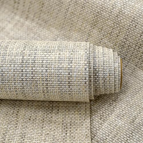 Ansehan Grasscloth Textured Wallcovering W714 Terraces Collection 36" W x 8 Yard L, Natural Modern Paper Weave, Non Prepasted Home Décor for Boho Living Sapce Feature Wall, Wheat Beige/Grey